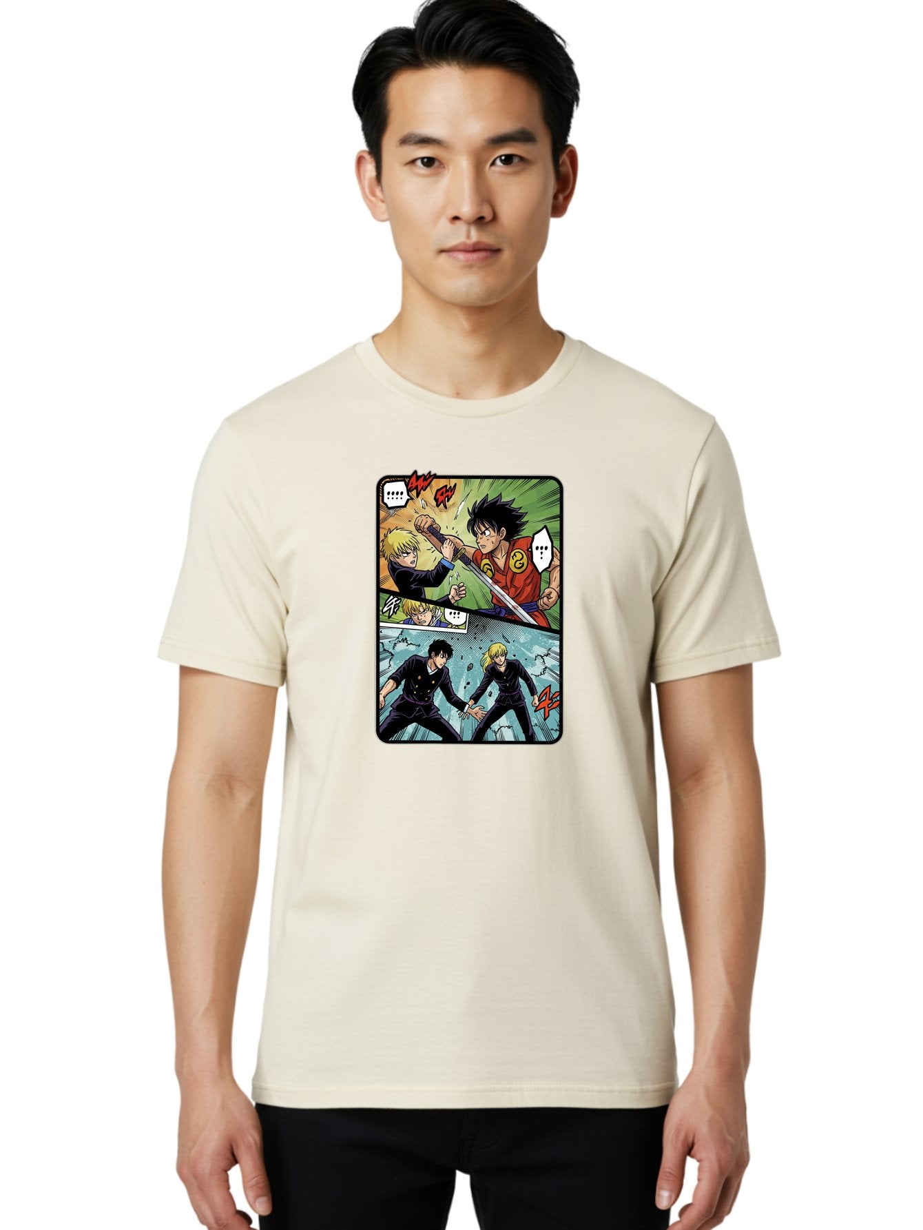 Black-And-Blonde-Anime-Boys-Fighting Men'S Graphic Tee, 100% Cotton, Comfortable Casual Summer Wear, Machine Washable, Anime Comic Strip, Action Scene, Asta And Licht Fight, Dramatic Poses, Dynamic Movement, Intense Battle, Manga Style, Bab683 23