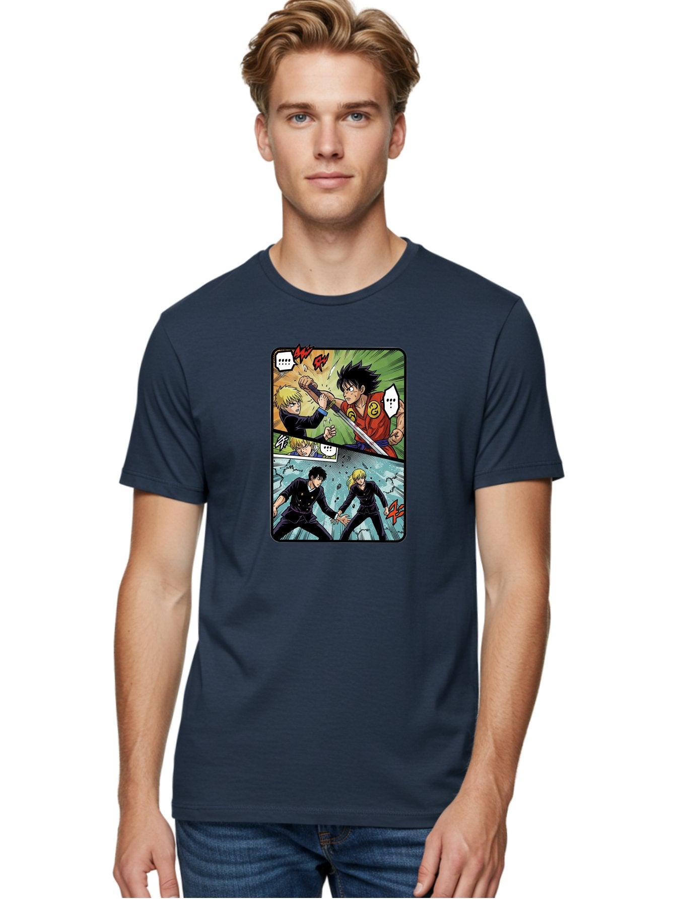 Black-And-Blonde-Anime-Boys-Fighting Men'S Graphic Tee, 100% Cotton, Comfortable Casual Summer Wear, Machine Washable, Anime Comic Strip, Action Scene, Asta And Licht Fight, Dramatic Poses, Dynamic Movement, Intense Battle, Manga Style, Bab683 19