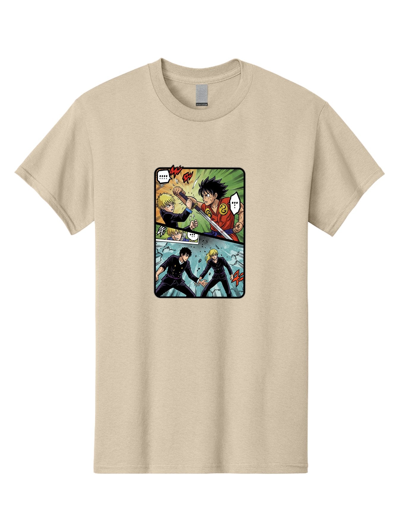 Black-And-Blonde-Anime-Boys-Fighting Men'S Graphic Tee, 100% Cotton, Comfortable Casual Summer Wear, Machine Washable, Anime Comic Strip, Action Scene, Asta And Licht Fight, Dramatic Poses, Dynamic Movement, Intense Battle, Manga Style, Bab683