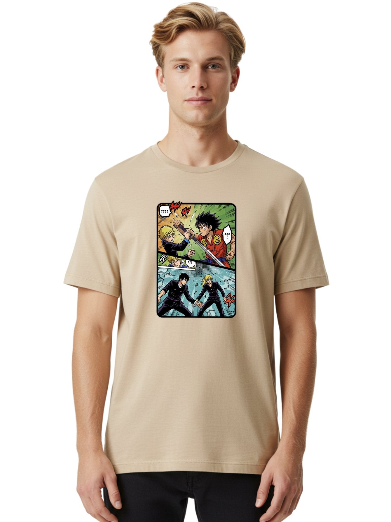 Black-And-Blonde-Anime-Boys-Fighting Men'S Graphic Tee, 100% Cotton, Comfortable Casual Summer Wear, Machine Washable, Anime Comic Strip, Action Scene, Asta And Licht Fight, Dramatic Poses, Dynamic Movement, Intense Battle, Manga Style, Bab683 21
