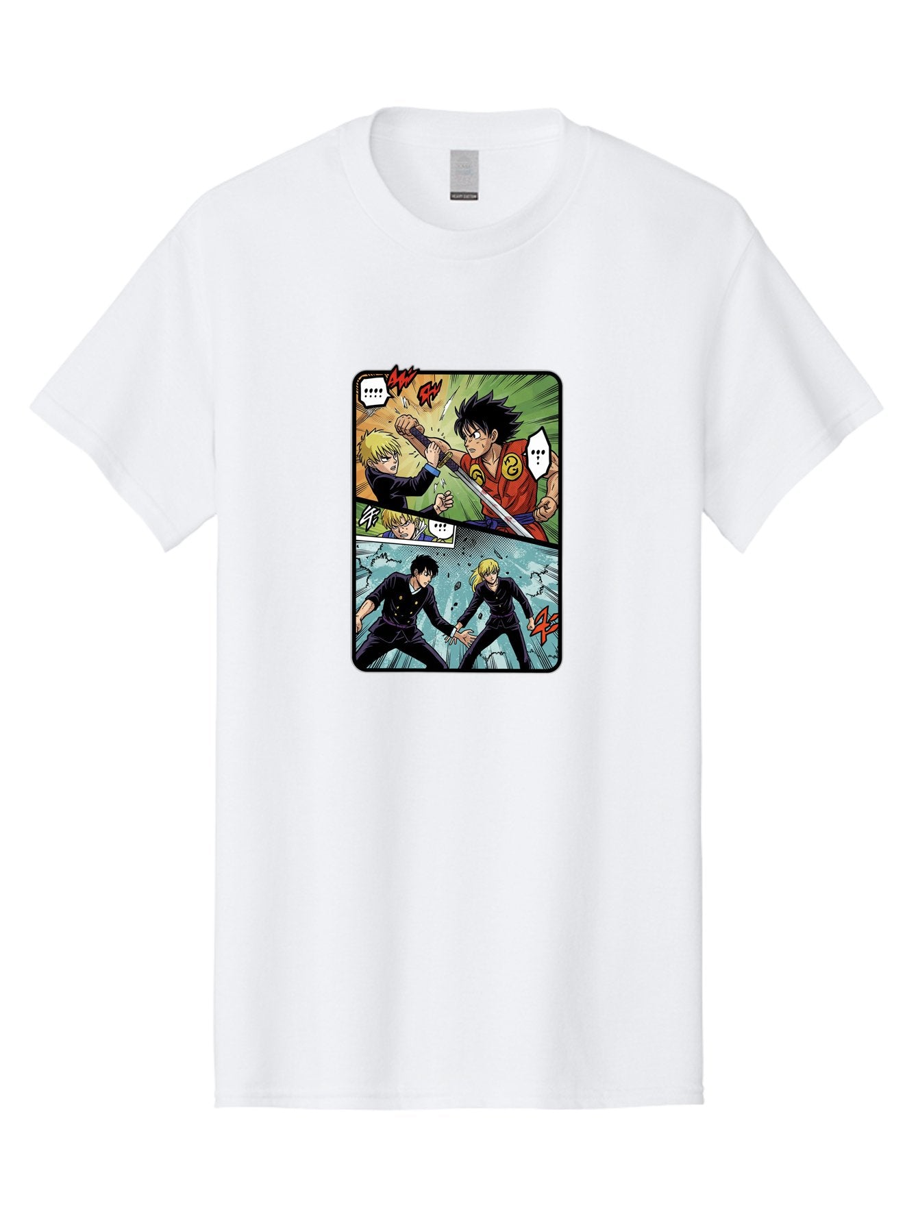Black-And-Blonde-Anime-Boys-Fighting Men'S Graphic Tee, 100% Cotton, Comfortable Casual Summer Wear, Machine Washable, Anime Comic Strip, Action Scene, Asta And Licht Fight, Dramatic Poses, Dynamic Movement, Intense Battle, Manga Style, Bab683 7