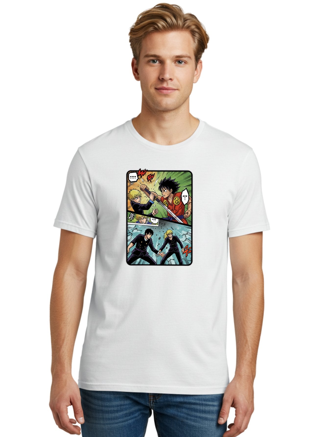 Black-And-Blonde-Anime-Boys-Fighting Men'S Graphic Tee, 100% Cotton, Comfortable Casual Summer Wear, Machine Washable, Anime Comic Strip, Action Scene, Asta And Licht Fight, Dramatic Poses, Dynamic Movement, Intense Battle, Manga Style, Bab683 16