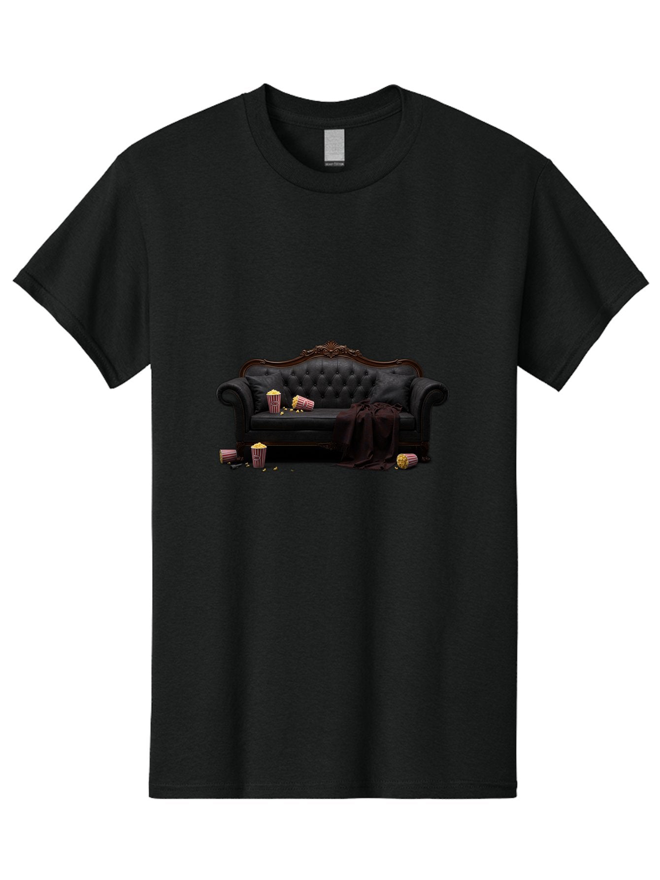 Black-Leather-Couch Men'S Graphic Tee, 100% Cotton, Comfortable Casual Summer Wear, Machine Washable, Black Leather Sofa, Tufted Design, Chocolate Brown Trim, Scattered Popcorn, Striped Popcorn Buckets, Cozy Living Room, Luxurious Furniture, Bab684 3