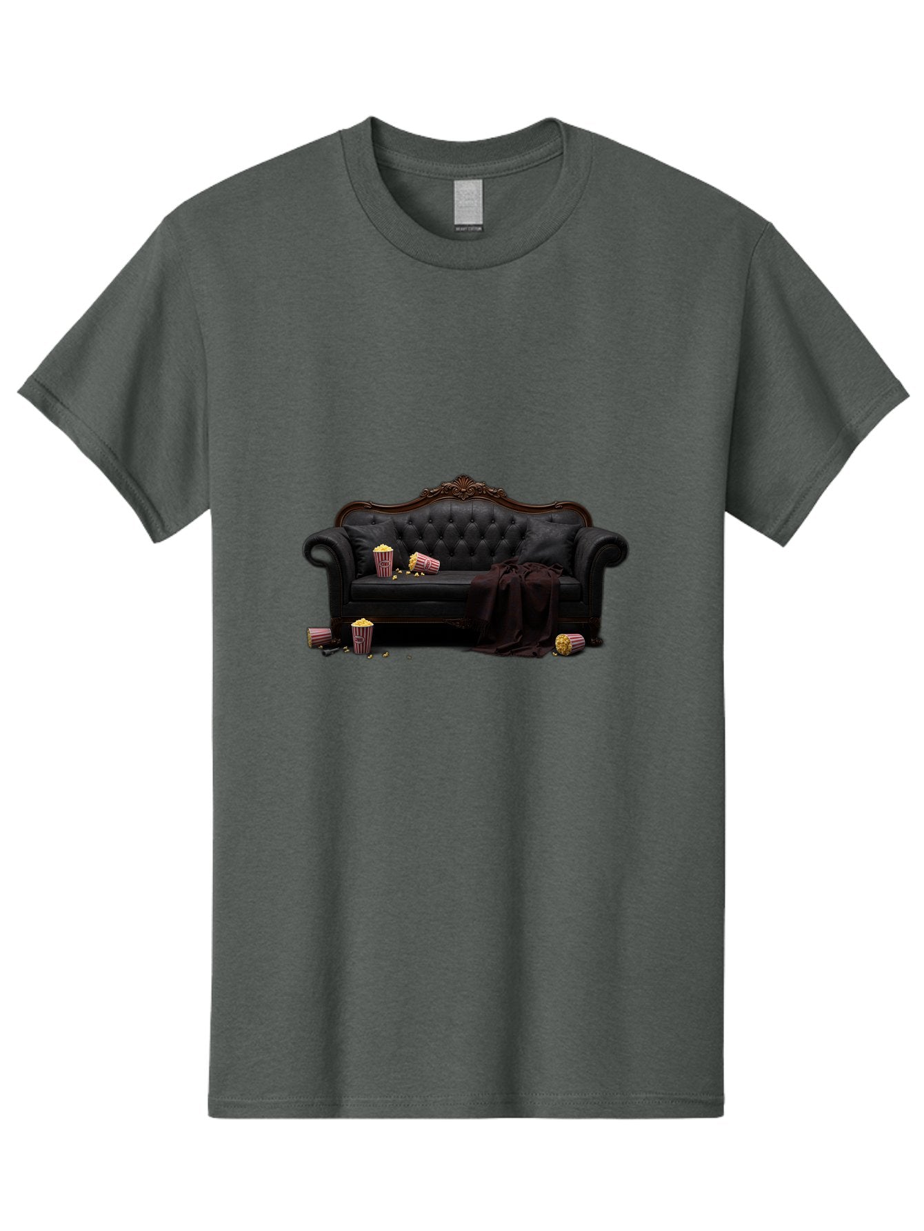 Black-Leather-Couch Men'S Graphic Tee, 100% Cotton, Comfortable Casual Summer Wear, Machine Washable, Black Leather Sofa, Tufted Design, Chocolate Brown Trim, Scattered Popcorn, Striped Popcorn Buckets, Cozy Living Room, Luxurious Furniture, Bab684 13