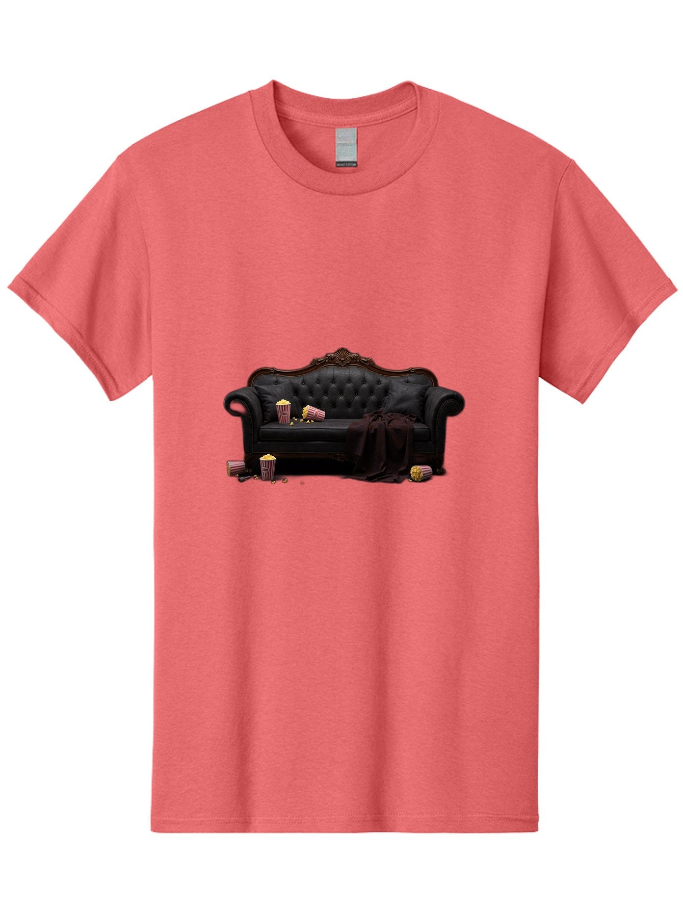 Black-Leather-Couch Men'S Graphic Tee, 100% Cotton, Comfortable Casual Summer Wear, Machine Washable, Black Leather Sofa, Tufted Design, Chocolate Brown Trim, Scattered Popcorn, Striped Popcorn Buckets, Cozy Living Room, Luxurious Furniture, Bab684 9