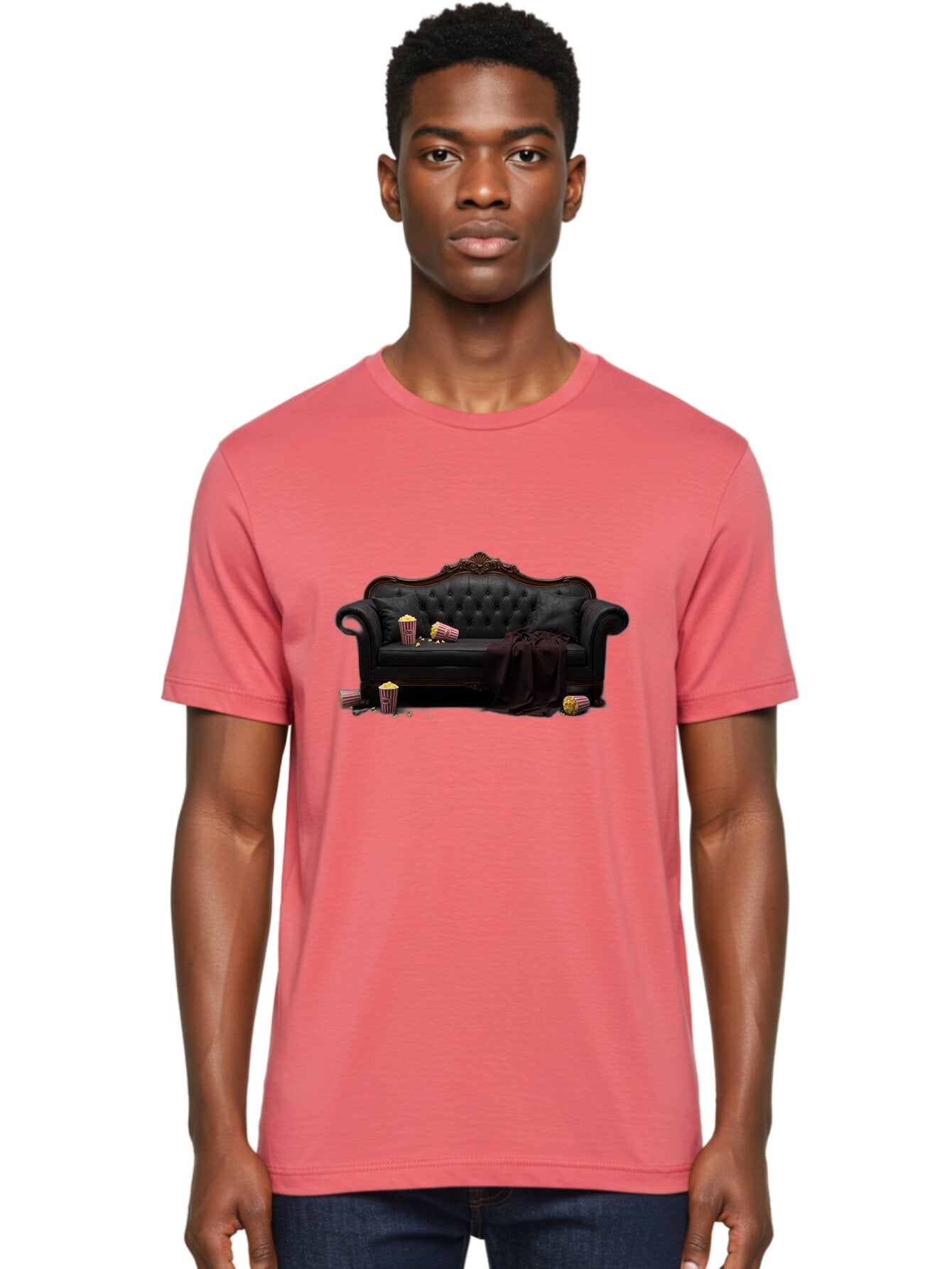 Black-Leather-Couch Men'S Graphic Tee, 100% Cotton, Comfortable Casual Summer Wear, Machine Washable, Black Leather Sofa, Tufted Design, Chocolate Brown Trim, Scattered Popcorn, Striped Popcorn Buckets, Cozy Living Room, Luxurious Furniture, Bab684 26