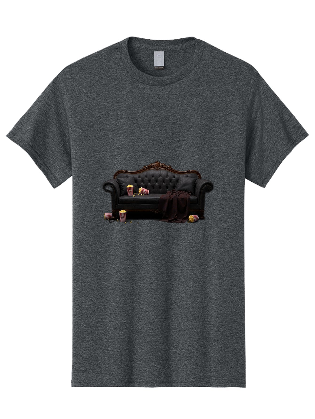 Black-Leather-Couch Men'S Graphic Tee, 100% Cotton, Comfortable Casual Summer Wear, Machine Washable, Black Leather Sofa, Tufted Design, Chocolate Brown Trim, Scattered Popcorn, Striped Popcorn Buckets, Cozy Living Room, Luxurious Furniture, Bab684 8