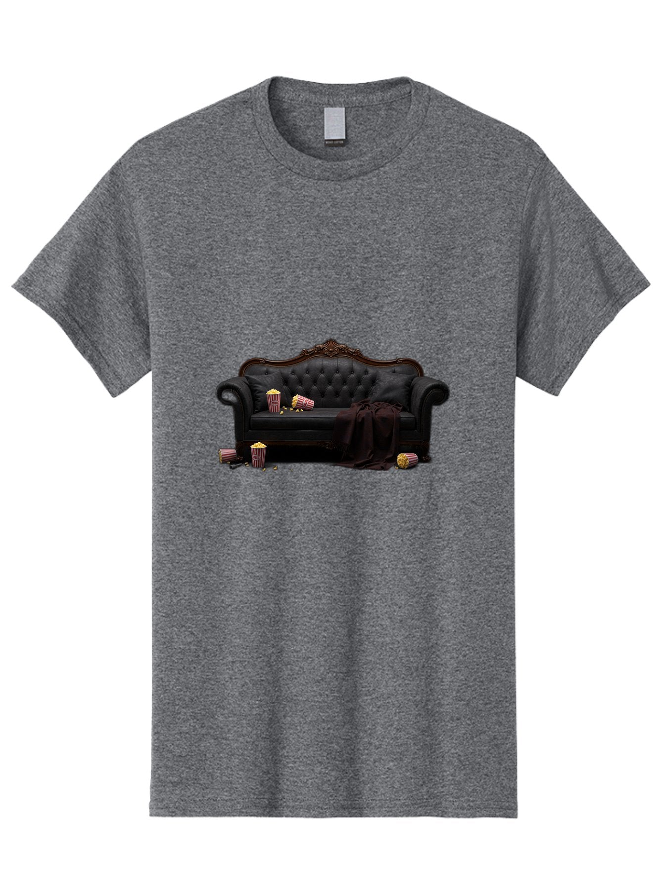 Black-Leather-Couch Men'S Graphic Tee, 100% Cotton, Comfortable Casual Summer Wear, Machine Washable, Black Leather Sofa, Tufted Design, Chocolate Brown Trim, Scattered Popcorn, Striped Popcorn Buckets, Cozy Living Room, Luxurious Furniture, Bab684 11
