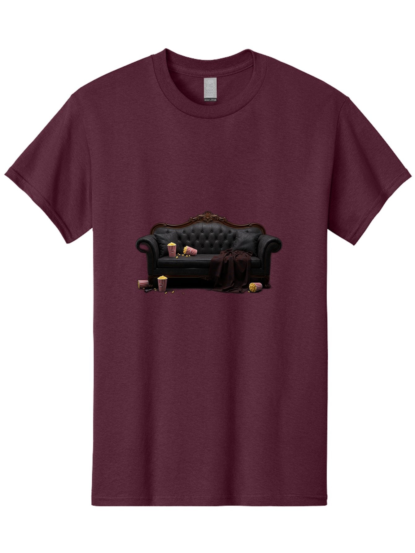 Black-Leather-Couch Men'S Graphic Tee, 100% Cotton, Comfortable Casual Summer Wear, Machine Washable, Black Leather Sofa, Tufted Design, Chocolate Brown Trim, Scattered Popcorn, Striped Popcorn Buckets, Cozy Living Room, Luxurious Furniture, Bab684 7