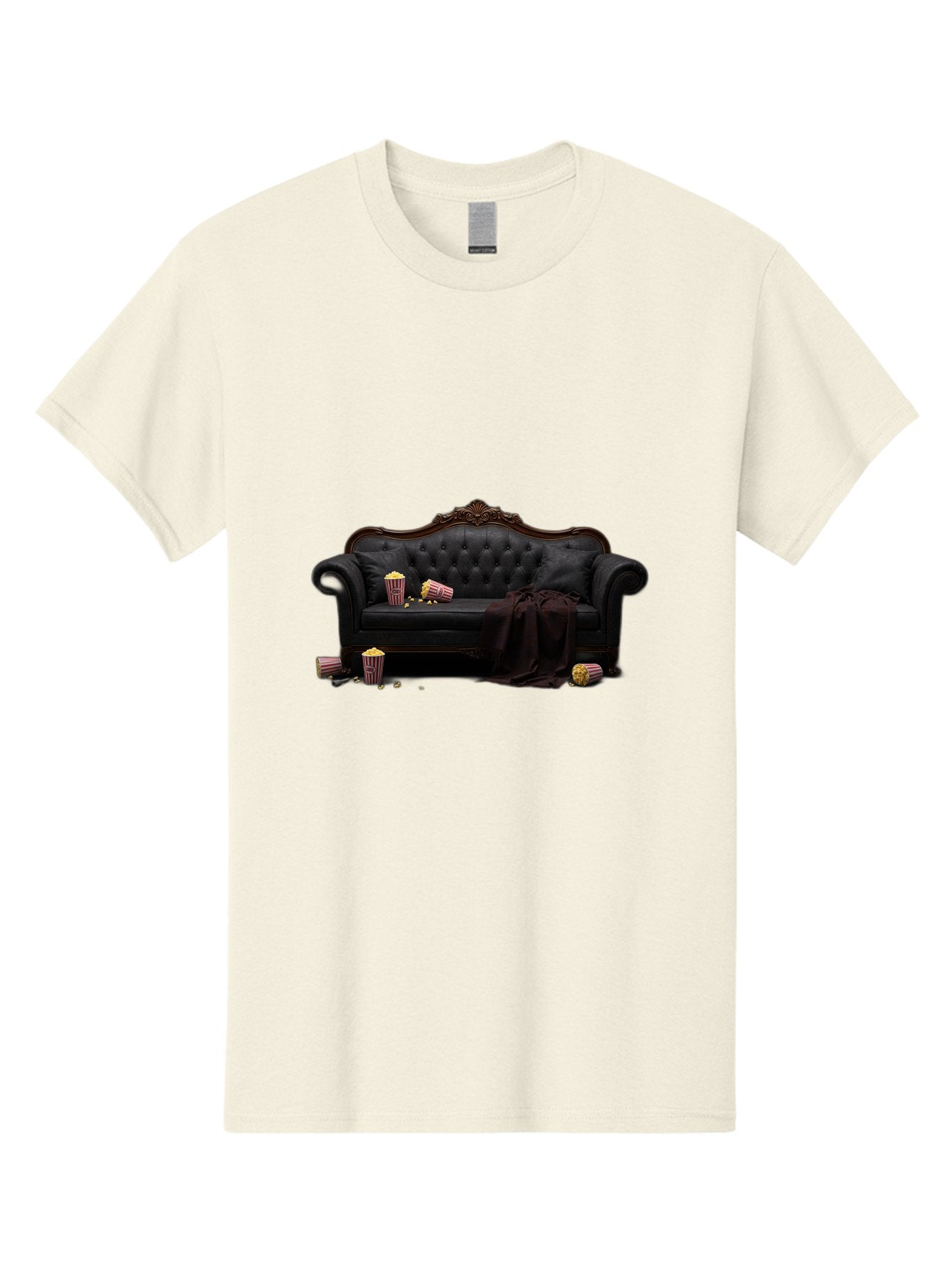 Black-Leather-Couch Men'S Graphic Tee, 100% Cotton, Comfortable Casual Summer Wear, Machine Washable, Black Leather Sofa, Tufted Design, Chocolate Brown Trim, Scattered Popcorn, Striped Popcorn Buckets, Cozy Living Room, Luxurious Furniture, Bab684 14