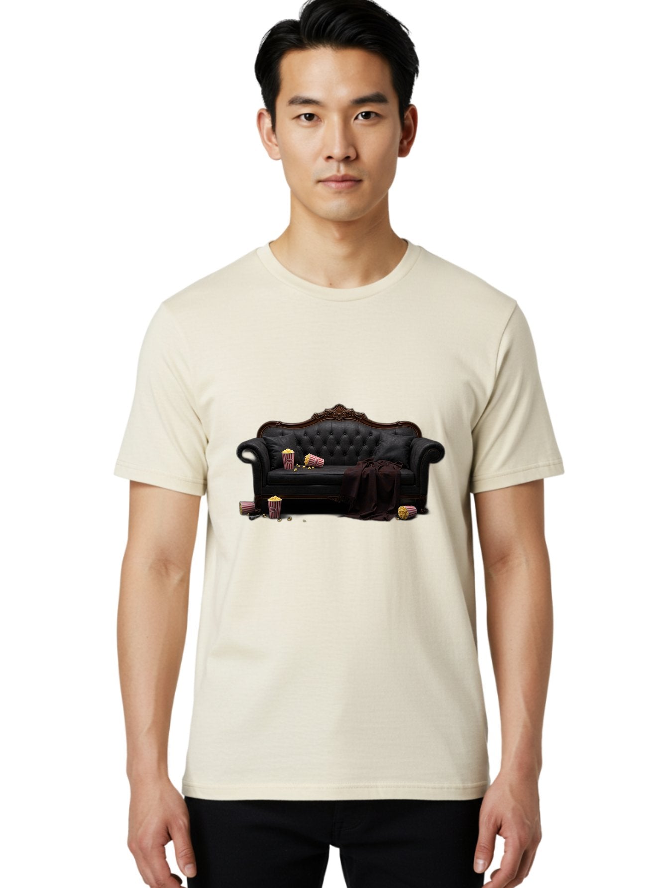 Black-Leather-Couch Men'S Graphic Tee, 100% Cotton, Comfortable Casual Summer Wear, Machine Washable, Black Leather Sofa, Tufted Design, Chocolate Brown Trim, Scattered Popcorn, Striped Popcorn Buckets, Cozy Living Room, Luxurious Furniture, Bab684 29