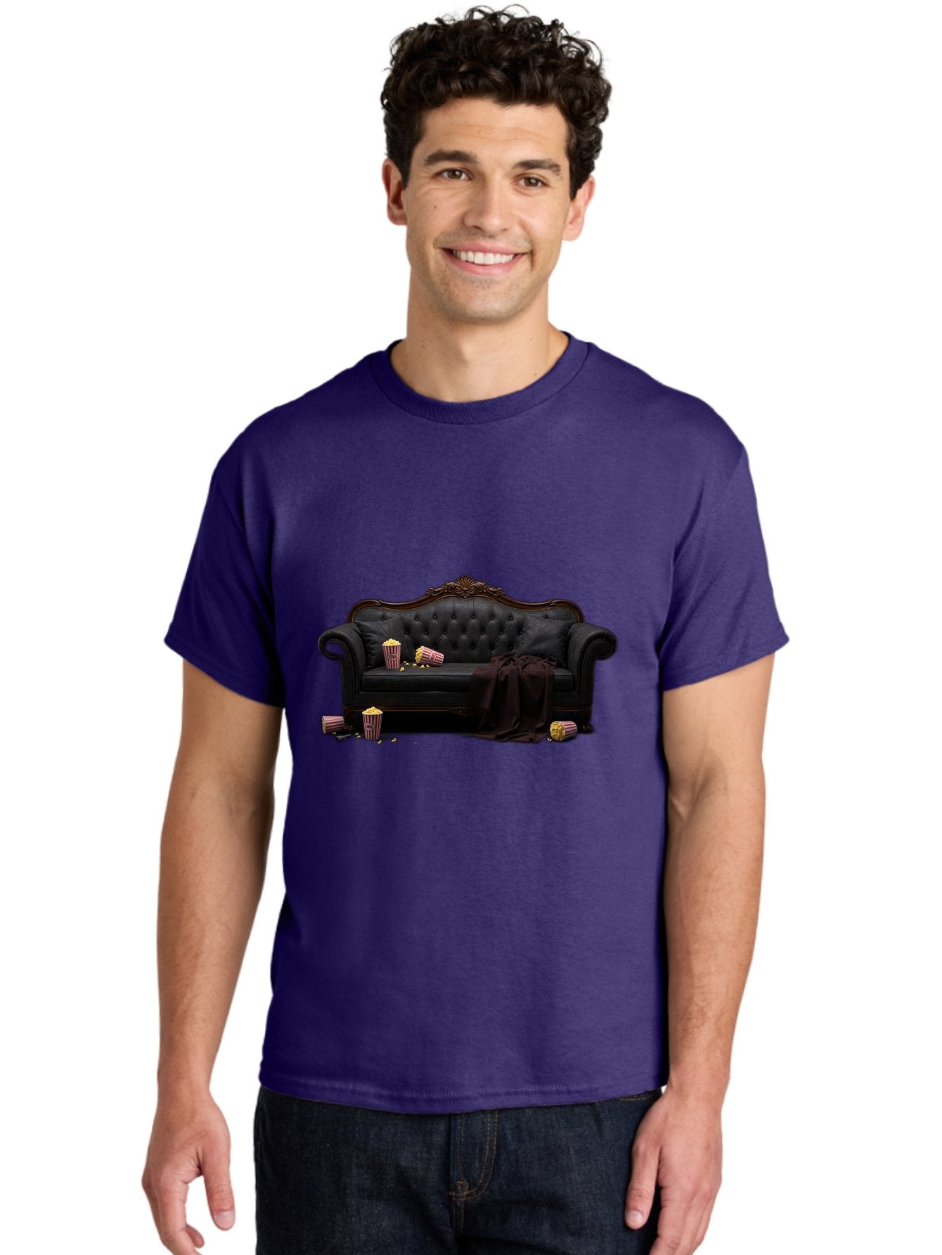 Black-Leather-Couch Men'S Graphic Tee, 100% Cotton, Comfortable Casual Summer Wear, Machine Washable, Black Leather Sofa, Tufted Design, Chocolate Brown Trim, Scattered Popcorn, Striped Popcorn Buckets, Cozy Living Room, Luxurious Furniture, Bab684 28