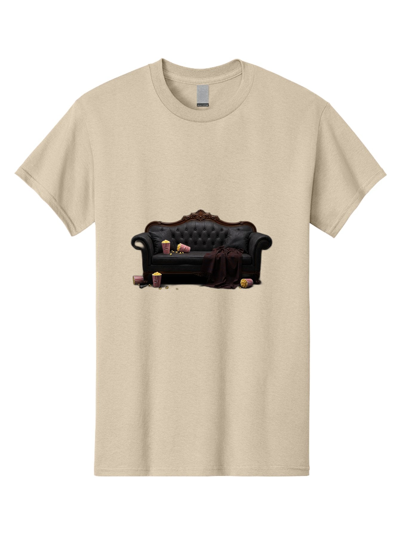 Black-Leather-Couch Men'S Graphic Tee, 100% Cotton, Comfortable Casual Summer Wear, Machine Washable, Black Leather Sofa, Tufted Design, Chocolate Brown Trim, Scattered Popcorn, Striped Popcorn Buckets, Cozy Living Room, Luxurious Furniture, Bab684
