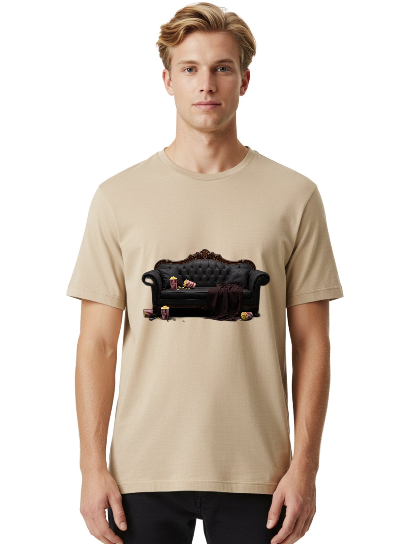 Black-Leather-Couch Men'S Graphic Tee, 100% Cotton, Comfortable Casual Summer Wear, Machine Washable, Black Leather Sofa, Tufted Design, Chocolate Brown Trim, Scattered Popcorn, Striped Popcorn Buckets, Cozy Living Room, Luxurious Furniture, Bab684 19