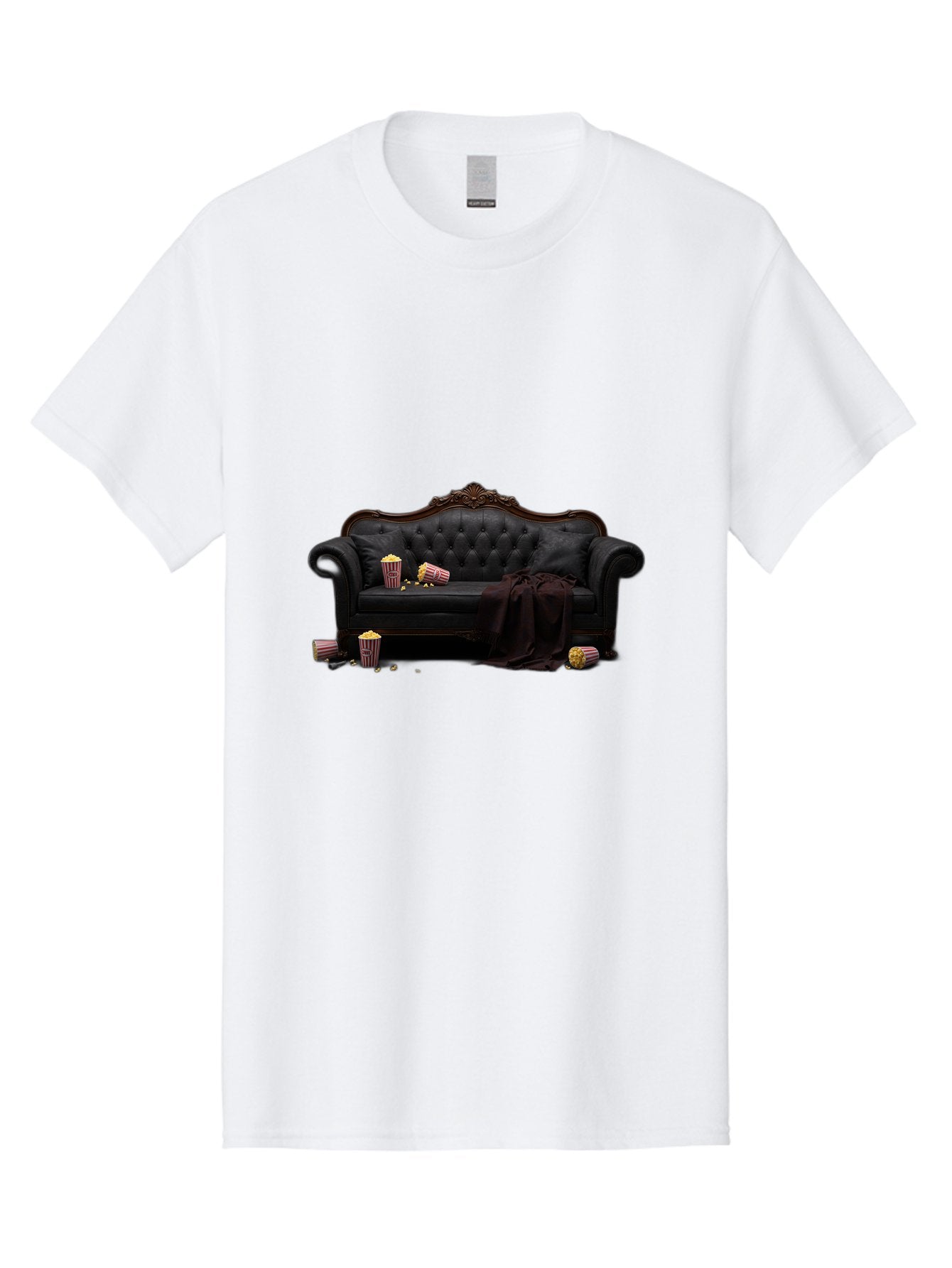 Black-Leather-Couch Men'S Graphic Tee, 100% Cotton, Comfortable Casual Summer Wear, Machine Washable, Black Leather Sofa, Tufted Design, Chocolate Brown Trim, Scattered Popcorn, Striped Popcorn Buckets, Cozy Living Room, Luxurious Furniture, Bab684