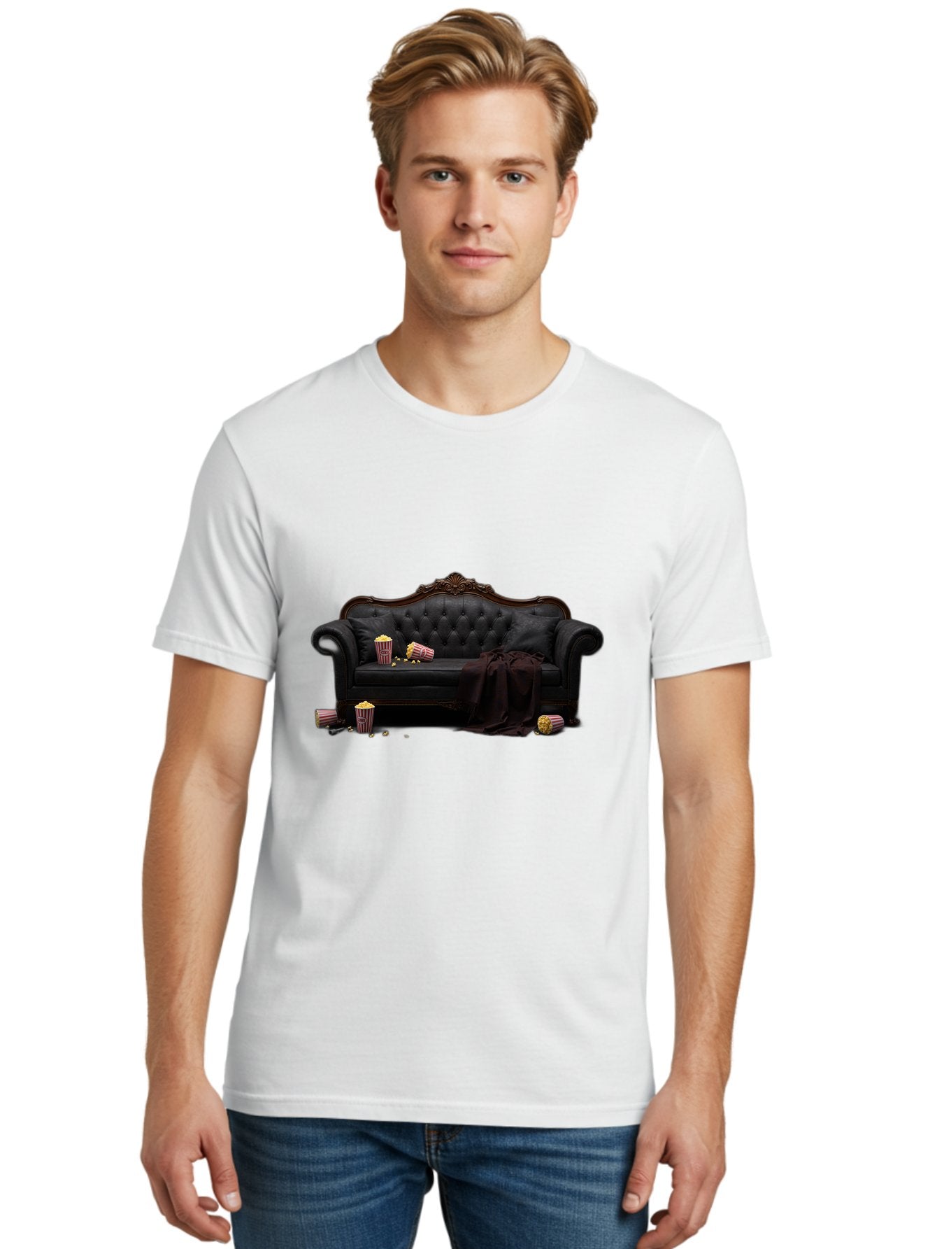 Black-Leather-Couch Men'S Graphic Tee, 100% Cotton, Comfortable Casual Summer Wear, Machine Washable, Black Leather Sofa, Tufted Design, Chocolate Brown Trim, Scattered Popcorn, Striped Popcorn Buckets, Cozy Living Room, Luxurious Furniture, Bab684 21