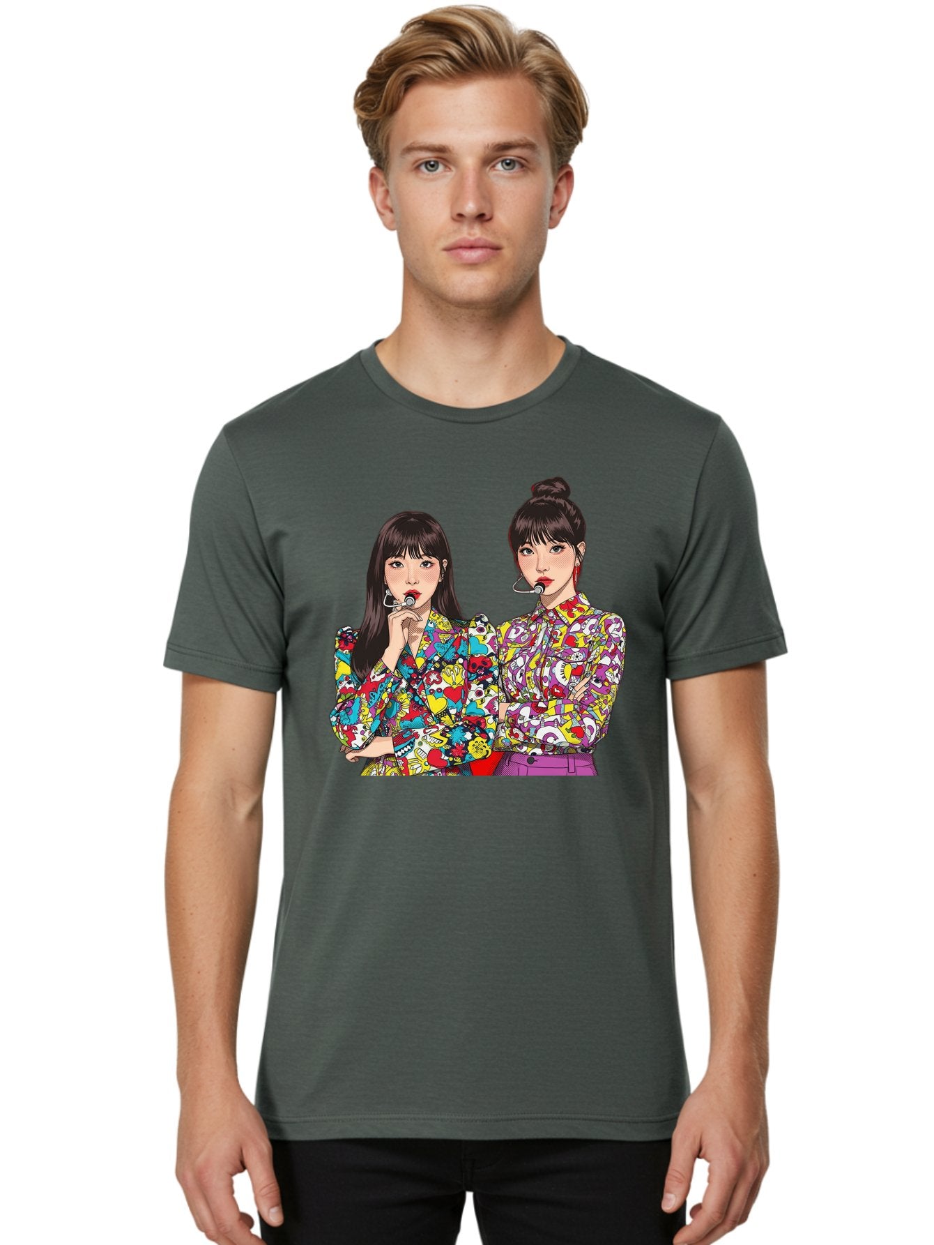 Blackpink Men'S Graphic Tee, 100% Cotton, Comfortable Casual Summer Wear, Machine Washable, K-Pop Performers, Musical Artists, Trendy Fashion, Vibrant Colors, Confident Pose, Pop Art Style, Bold Hairstyles, Red Lipstick, Cartoon Illustration, Bab685 16