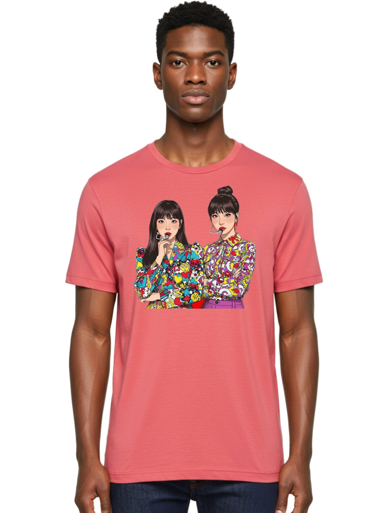 Blackpink Men'S Graphic Tee, 100% Cotton, Comfortable Casual Summer Wear, Machine Washable, K-Pop Performers, Musical Artists, Trendy Fashion, Vibrant Colors, Confident Pose, Pop Art Style, Bold Hairstyles, Red Lipstick, Cartoon Illustration, Bab685 24