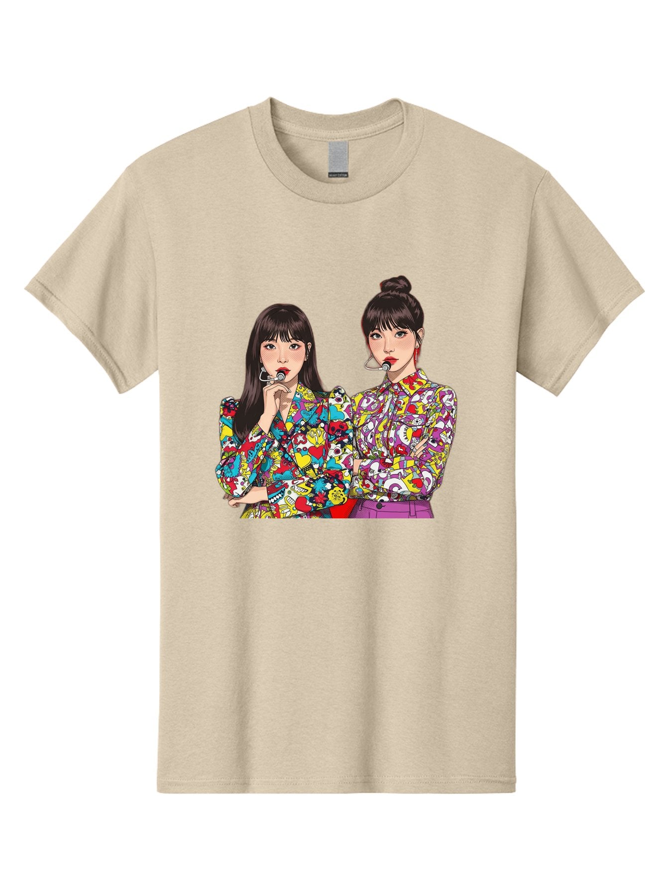 Blackpink Men'S Graphic Tee, 100% Cotton, Comfortable Casual Summer Wear, Machine Washable, K-Pop Performers, Musical Artists, Trendy Fashion, Vibrant Colors, Confident Pose, Pop Art Style, Bold Hairstyles, Red Lipstick, Cartoon Illustration, Bab685