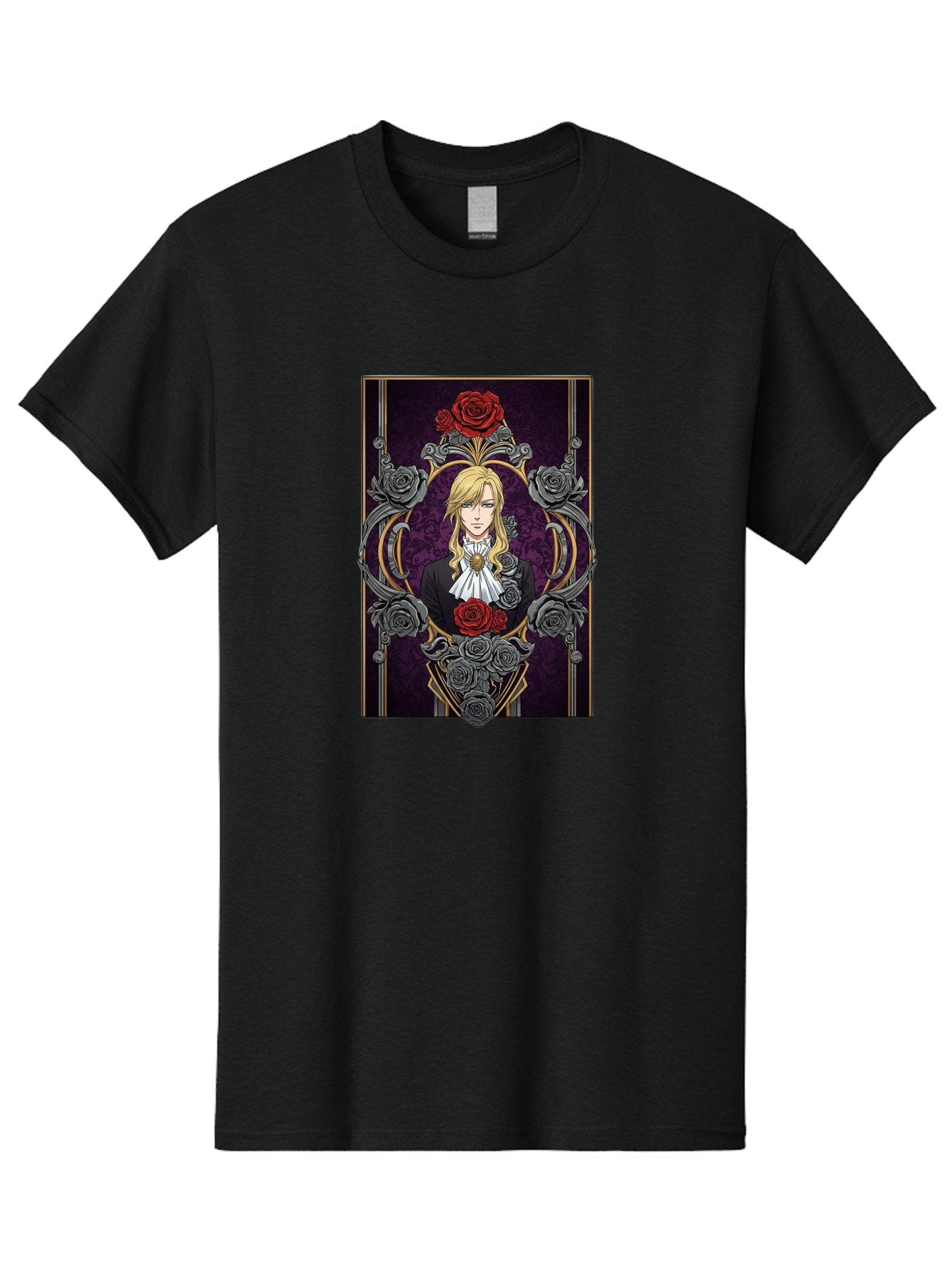Blonde-Man-With-Roses Men'S Graphic Tee, 100% Cotton, Comfortable Casual Summer Wear, Machine Washable, Anime Character Art, Blond Man In Black Suit, White Ruffled Collar, Red And Gray Roses, Gothic Frame, Elegant Design, Intricate Details, Bab686 4