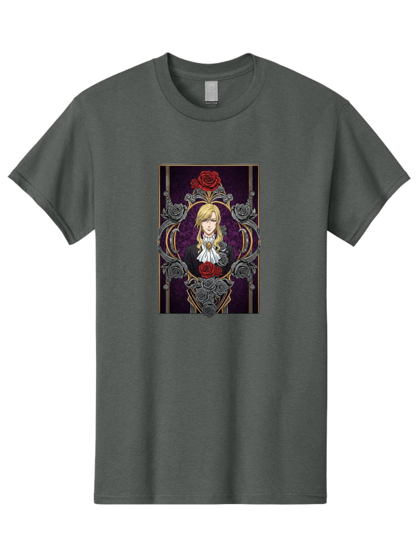 Blonde-Man-With-Roses Men'S Graphic Tee, 100% Cotton, Comfortable Casual Summer Wear, Machine Washable, Anime Character Art, Blond Man In Black Suit, White Ruffled Collar, Red And Gray Roses, Gothic Frame, Elegant Design, Intricate Details, Bab686 8