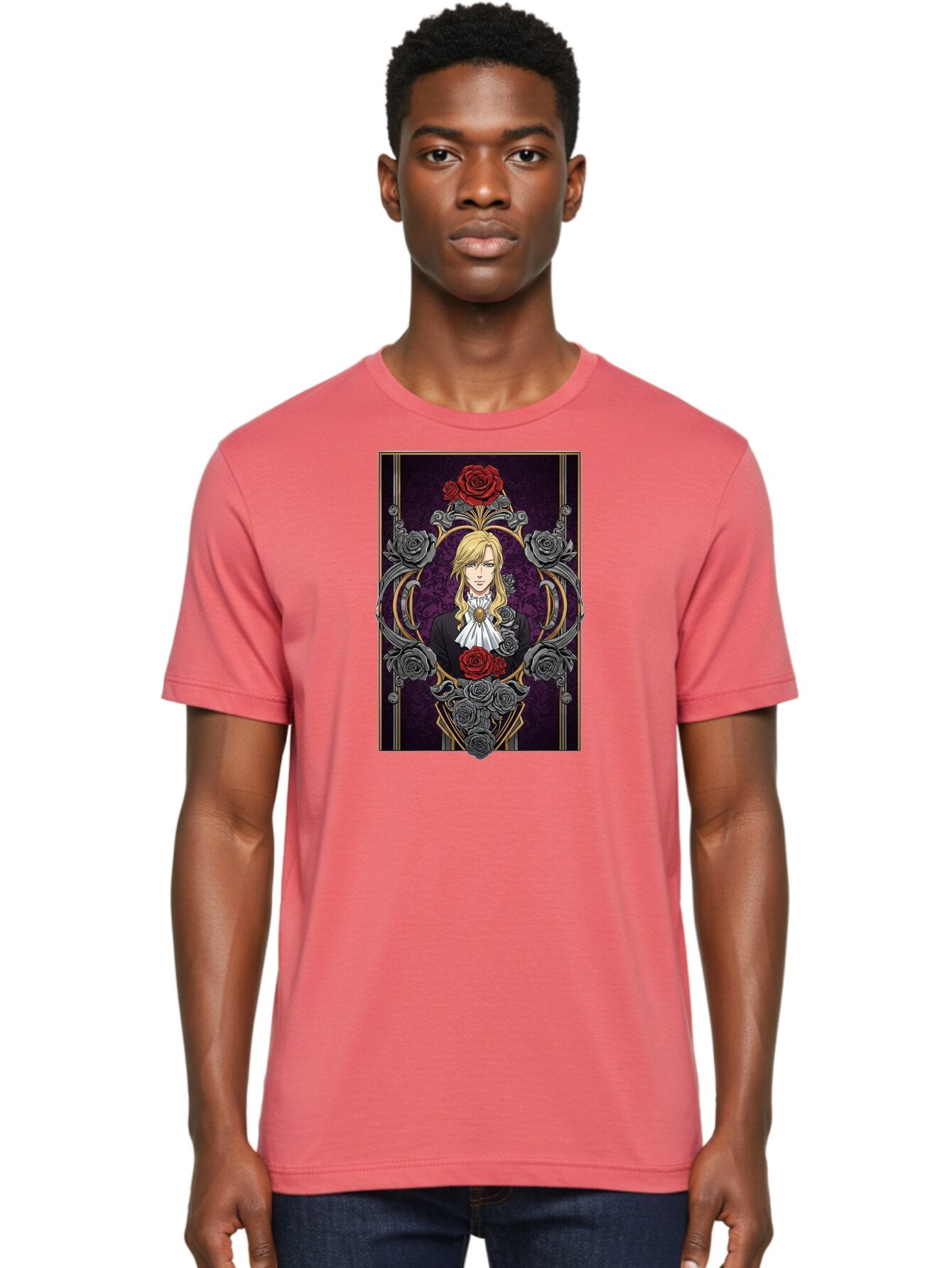 Blonde-Man-With-Roses Men'S Graphic Tee, 100% Cotton, Comfortable Casual Summer Wear, Machine Washable, Anime Character Art, Blond Man In Black Suit, White Ruffled Collar, Red And Gray Roses, Gothic Frame, Elegant Design, Intricate Details, Bab686 16