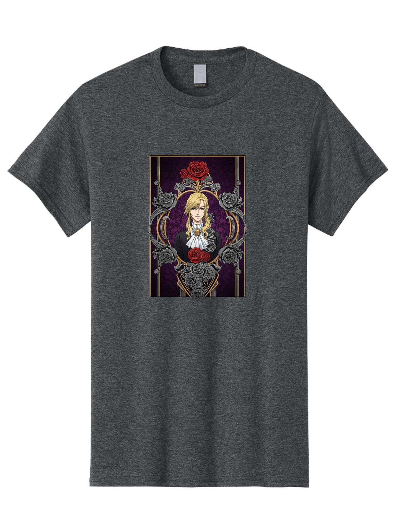 Blonde-Man-With-Roses Men'S Graphic Tee, 100% Cotton, Comfortable Casual Summer Wear, Machine Washable, Anime Character Art, Blond Man In Black Suit, White Ruffled Collar, Red And Gray Roses, Gothic Frame, Elegant Design, Intricate Details, Bab686 13