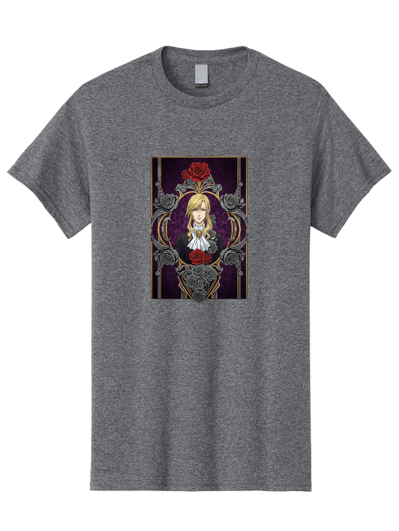 Blonde-Man-With-Roses Men'S Graphic Tee, 100% Cotton, Comfortable Casual Summer Wear, Machine Washable, Anime Character Art, Blond Man In Black Suit, White Ruffled Collar, Red And Gray Roses, Gothic Frame, Elegant Design, Intricate Details, Bab686 6