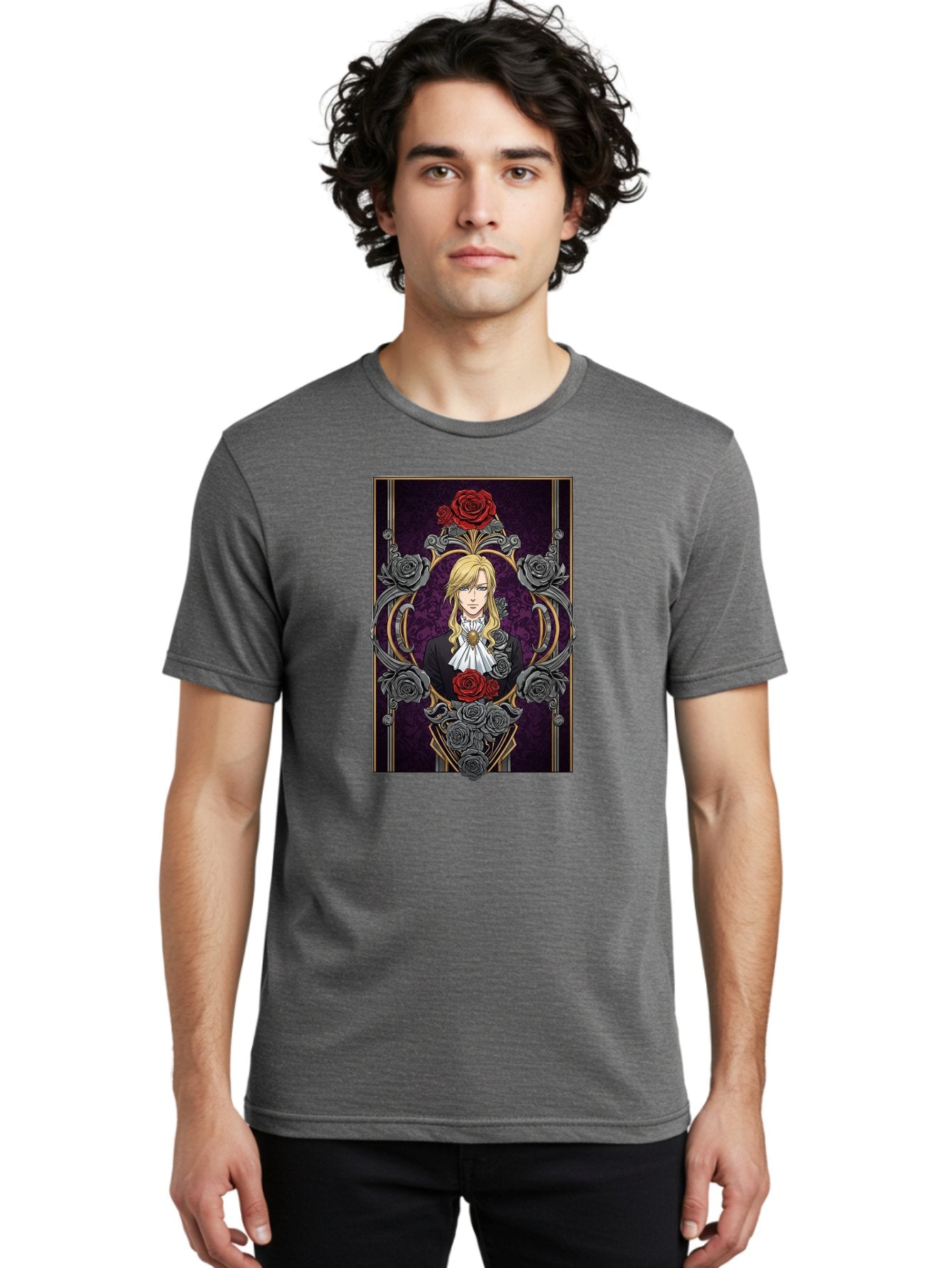 Blonde-Man-With-Roses Men'S Graphic Tee, 100% Cotton, Comfortable Casual Summer Wear, Machine Washable, Anime Character Art, Blond Man In Black Suit, White Ruffled Collar, Red And Gray Roses, Gothic Frame, Elegant Design, Intricate Details, Bab686 24