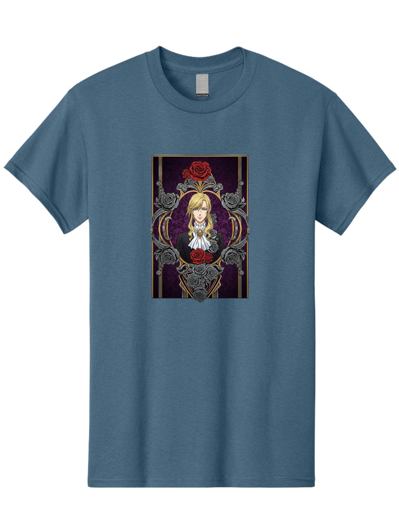 Blonde-Man-With-Roses Men'S Graphic Tee, 100% Cotton, Comfortable Casual Summer Wear, Machine Washable, Anime Character Art, Blond Man In Black Suit, White Ruffled Collar, Red And Gray Roses, Gothic Frame, Elegant Design, Intricate Details, Bab686 10