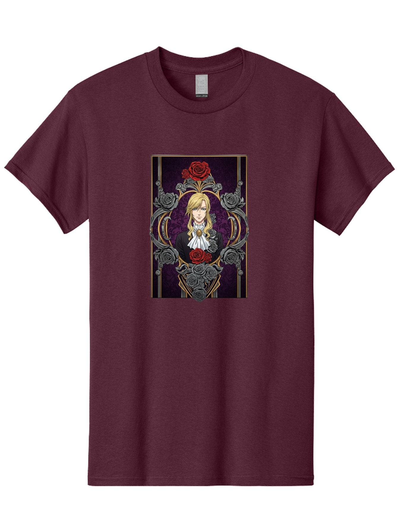 Blonde-Man-With-Roses Men'S Graphic Tee, 100% Cotton, Comfortable Casual Summer Wear, Machine Washable, Anime Character Art, Blond Man In Black Suit, White Ruffled Collar, Red And Gray Roses, Gothic Frame, Elegant Design, Intricate Details, Bab686 11