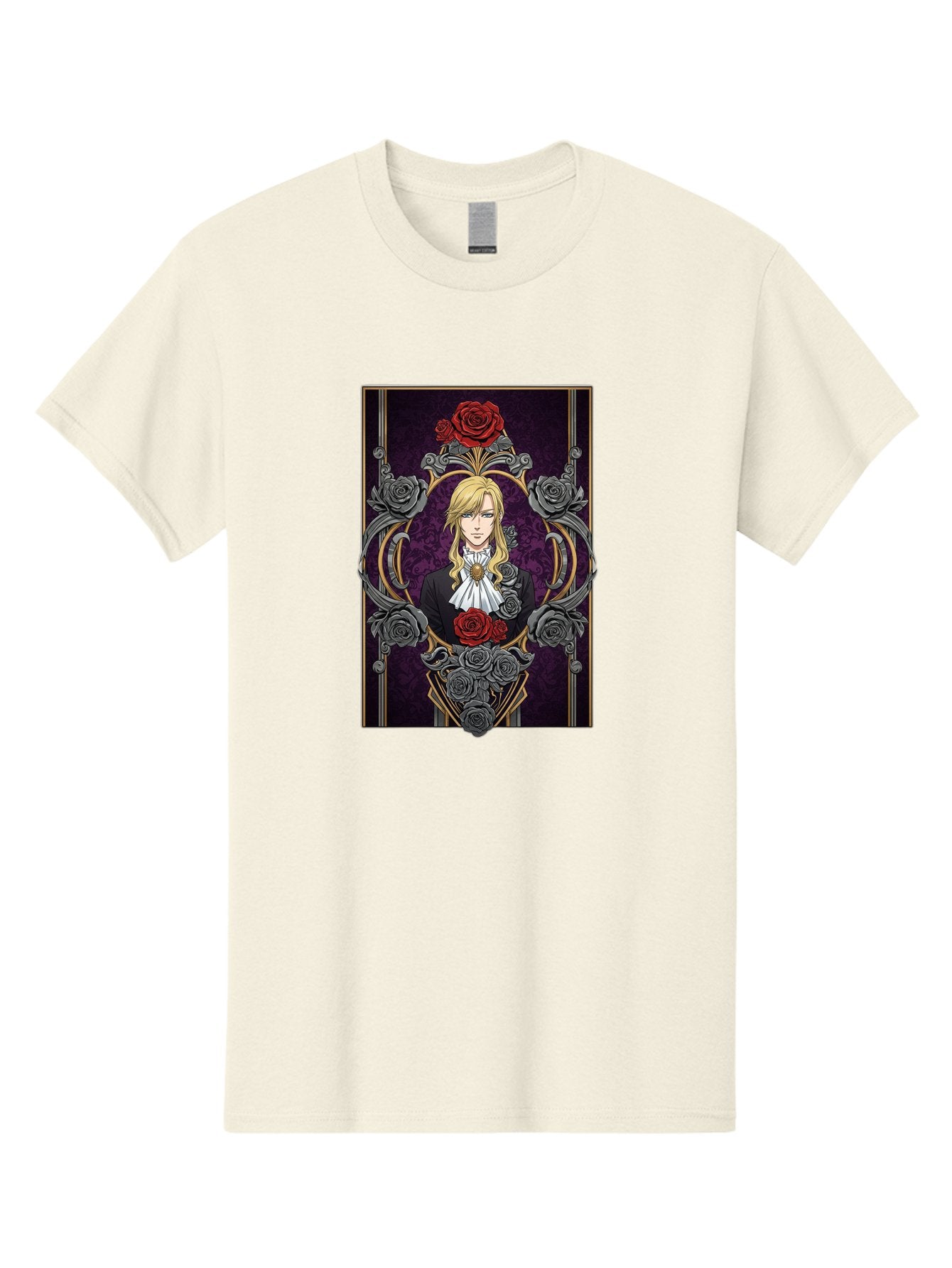 Blonde-Man-With-Roses Men'S Graphic Tee, 100% Cotton, Comfortable Casual Summer Wear, Machine Washable, Anime Character Art, Blond Man In Black Suit, White Ruffled Collar, Red And Gray Roses, Gothic Frame, Elegant Design, Intricate Details, Bab686 14