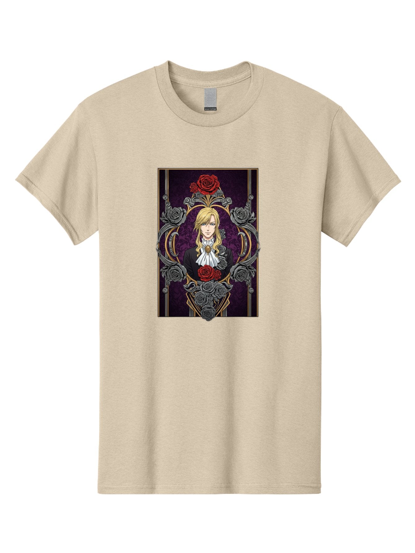 Blonde-Man-With-Roses Men'S Graphic Tee, 100% Cotton, Comfortable Casual Summer Wear, Machine Washable, Anime Character Art, Blond Man In Black Suit, White Ruffled Collar, Red And Gray Roses, Gothic Frame, Elegant Design, Intricate Details, Bab686 5