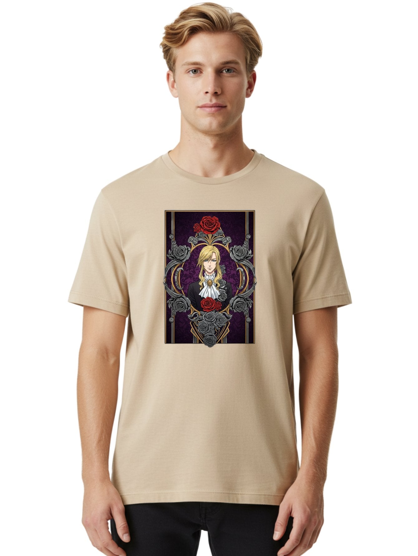 Blonde-Man-With-Roses Men'S Graphic Tee, 100% Cotton, Comfortable Casual Summer Wear, Machine Washable, Anime Character Art, Blond Man In Black Suit, White Ruffled Collar, Red And Gray Roses, Gothic Frame, Elegant Design, Intricate Details, Bab686 23