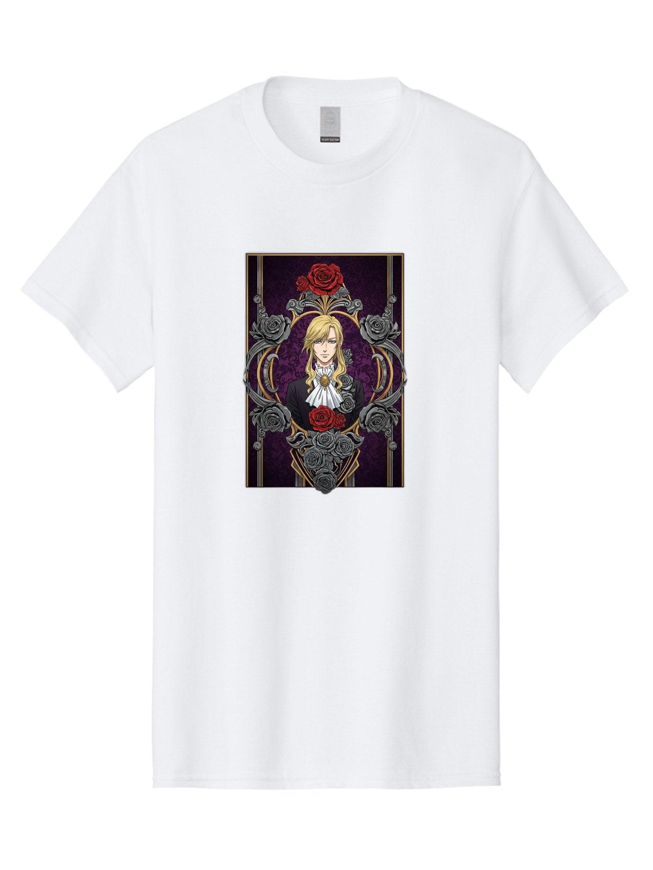 Blonde-Man-With-Roses Men'S Graphic Tee, 100% Cotton, Comfortable Casual Summer Wear, Machine Washable, Anime Character Art, Blond Man In Black Suit, White Ruffled Collar, Red And Gray Roses, Gothic Frame, Elegant Design, Intricate Details, Bab686 15