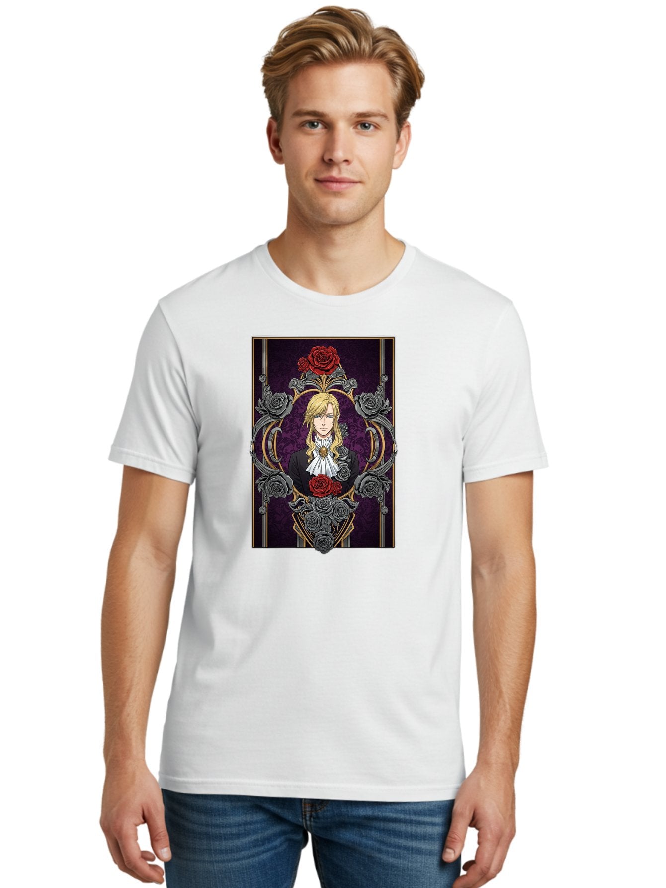 Blonde-Man-With-Roses Men'S Graphic Tee, 100% Cotton, Comfortable Casual Summer Wear, Machine Washable, Anime Character Art, Blond Man In Black Suit, White Ruffled Collar, Red And Gray Roses, Gothic Frame, Elegant Design, Intricate Details, Bab686 30