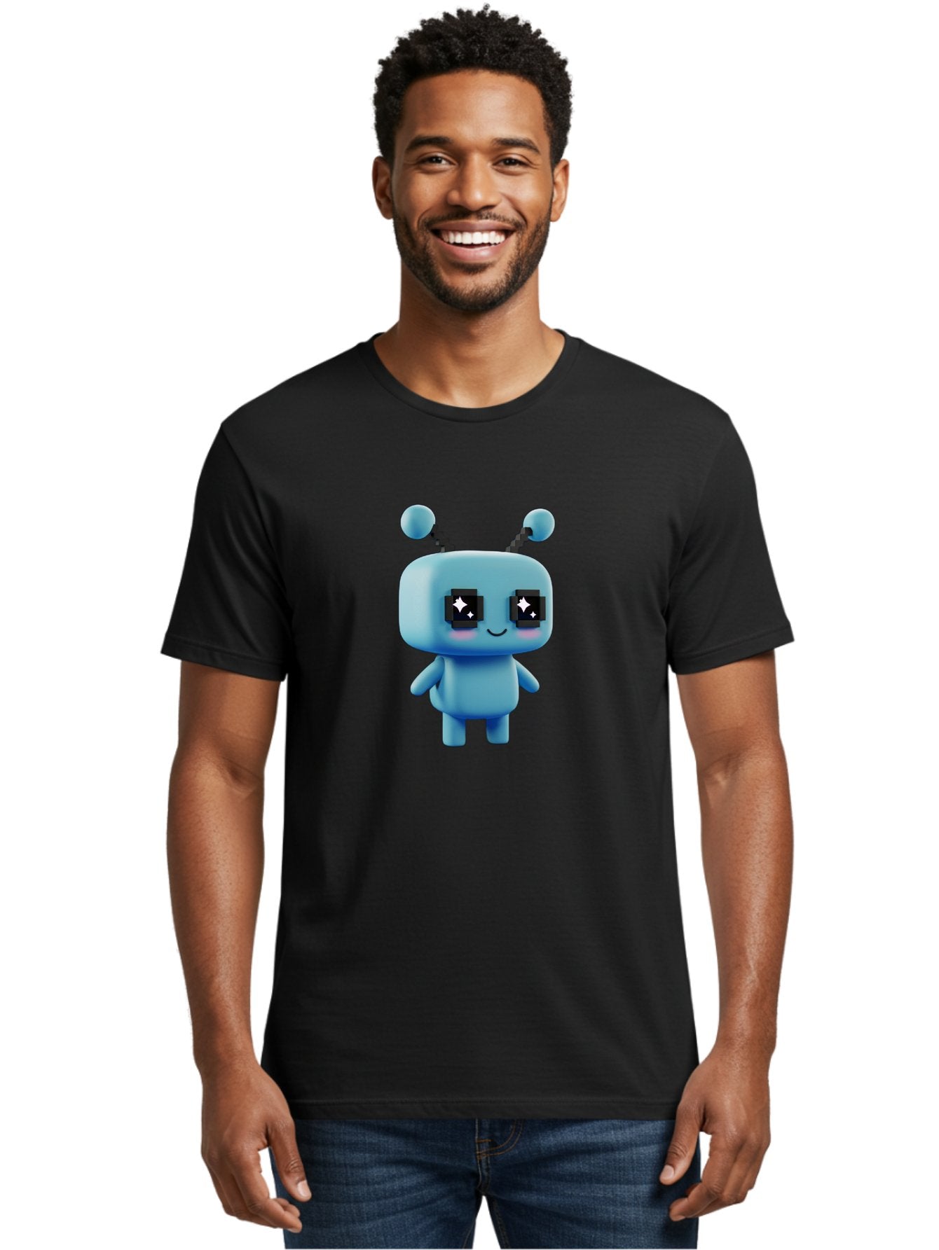 Blue-Robot Men'S Graphic Tee, 100% Cotton, Comfortable Casual Summer Wear, Machine Washable, Cartoon Robot, Digital Illustration, Blue Robot, Futuristic Character, Shiny Eyes, Friendly Demeanor, Cute Robot Design, Artificial Intelligence, Bab688 29