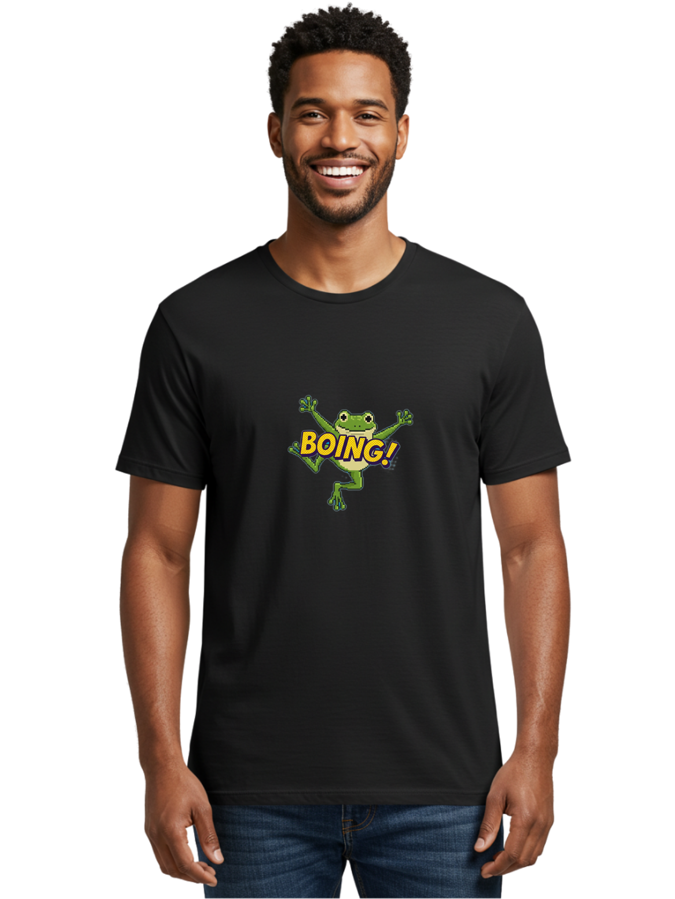 Boing-Frog-1 Men'S Graphic Tee, 100% Cotton, Comfortable Casual Summer Wear, Machine Washable, Funny Cartoon Frog, Playful Illustration, Cartoon Character, Comedic Graphic, Humorous Image, Entertaining Design, Boing! Text, Frog Jumping, Bab689 29