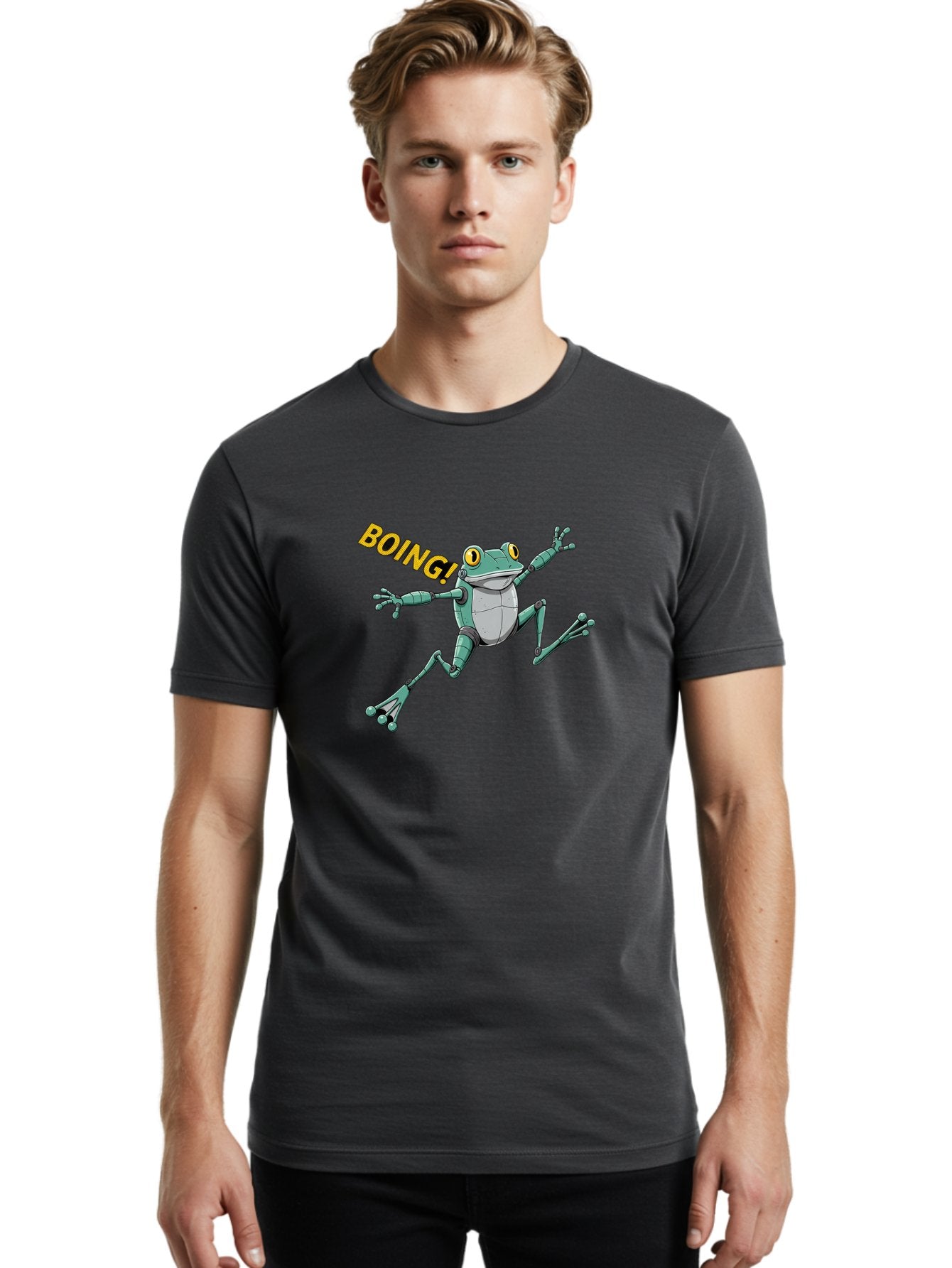 Boing-Frog-3 Men'S Graphic Tee, 100% Cotton, Comfortable Casual Summer Wear, Machine Washable, Cartoon Frog, Funny Animal, Playful Amphibian, Yellow Eyes, Jumping Motion, Comic Effect, Boing Text, Playful Vibe, Cartoon Character, Bab691 28