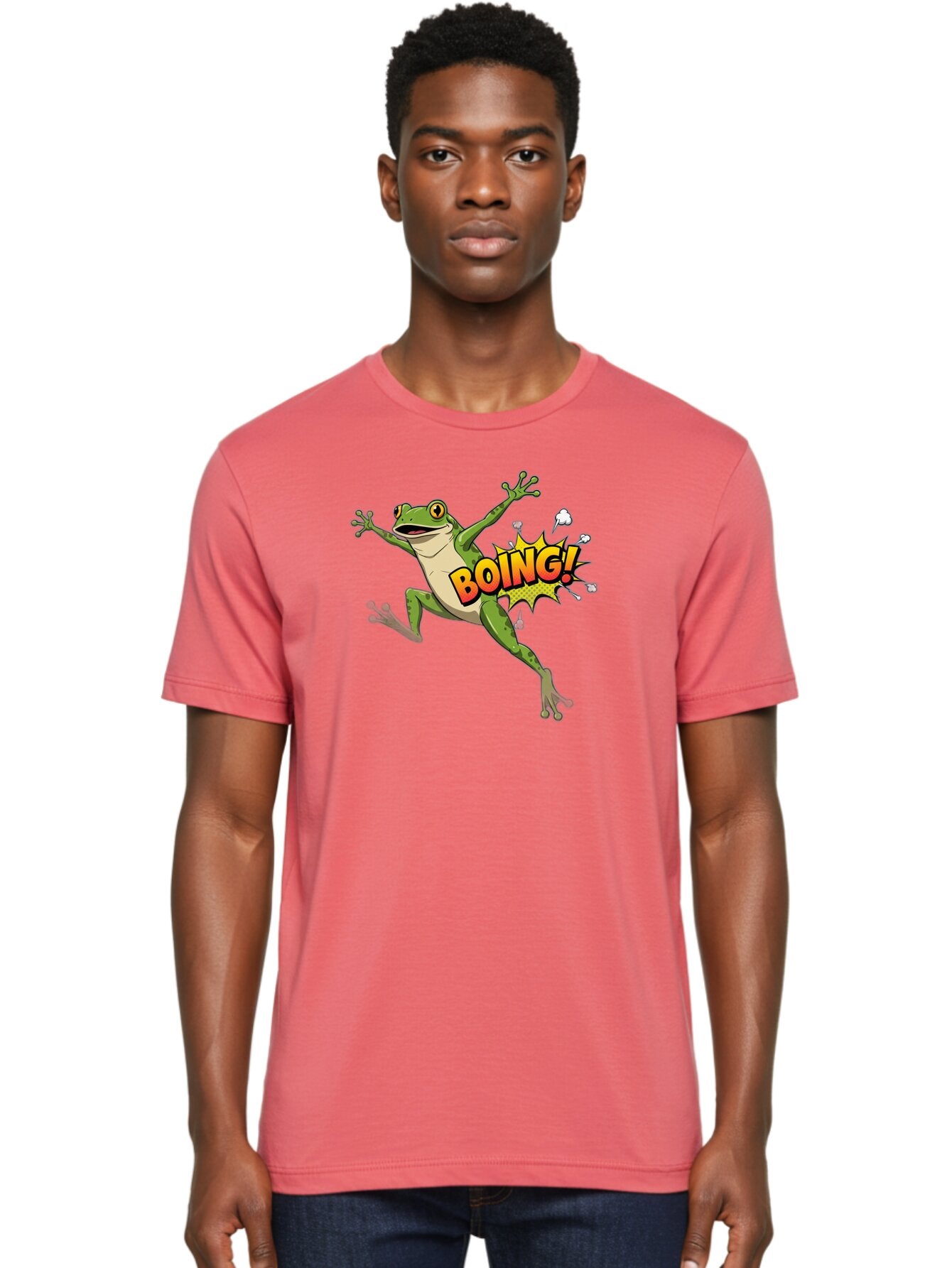 Boing-Frog Men'S Graphic Tee, 100% Cotton, Comfortable Casual Summer Wear, Machine Washable, Cartoon Frog Jumping, Comedic Relief, Humorous Illustration, Action Comic Style, Funny Amphibian, Playful Graphics, Boing! Text Effect, Dynamic Pose Bab692 16
