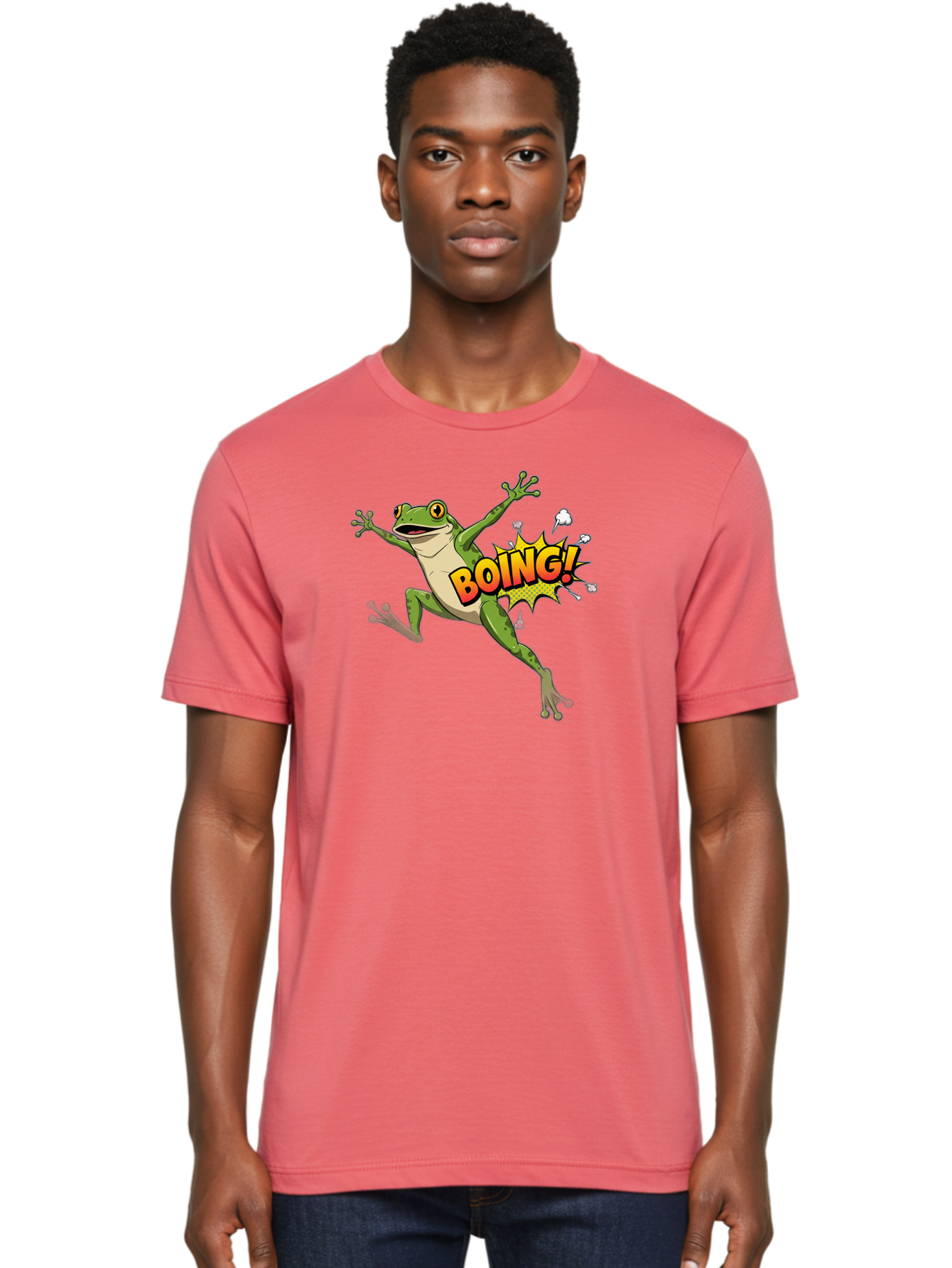 Boing-Frog Men'S Graphic Tee, 100% Cotton, Comfortable Casual Summer Wear, Machine Washable, Cartoon Frog Jumping, Comedic Relief, Humorous Illustration, Action Comic Style, Funny Amphibian, Playful Graphics, Boing! Text Effect, Dynamic Pose Bab692 28