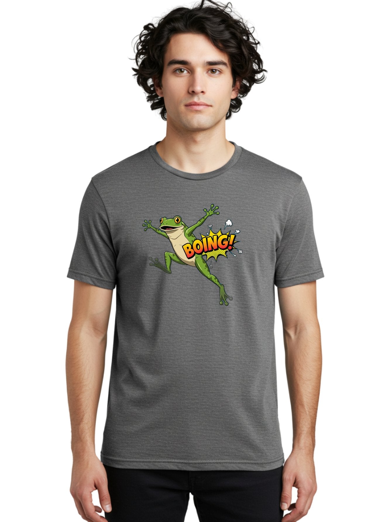 Boing-Frog Men'S Graphic Tee, 100% Cotton, Comfortable Casual Summer Wear, Machine Washable, Cartoon Frog Jumping, Comedic Relief, Humorous Illustration, Action Comic Style, Funny Amphibian, Playful Graphics, Boing! Text Effect, Dynamic Pose Bab692 27