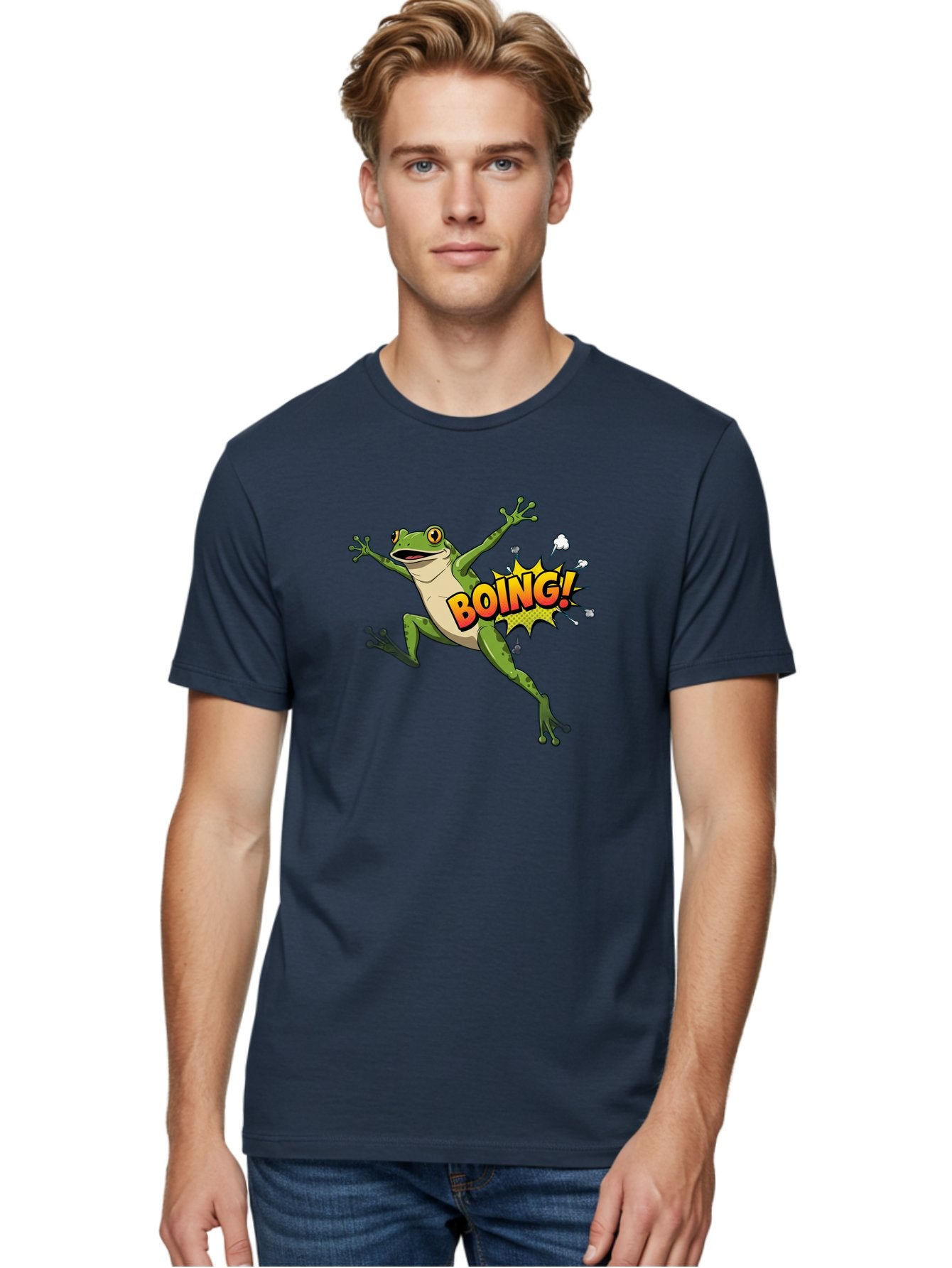 Boing-Frog Men'S Graphic Tee, 100% Cotton, Comfortable Casual Summer Wear, Machine Washable, Cartoon Frog Jumping, Comedic Relief, Humorous Illustration, Action Comic Style, Funny Amphibian, Playful Graphics, Boing! Text Effect, Dynamic Pose Bab692 28