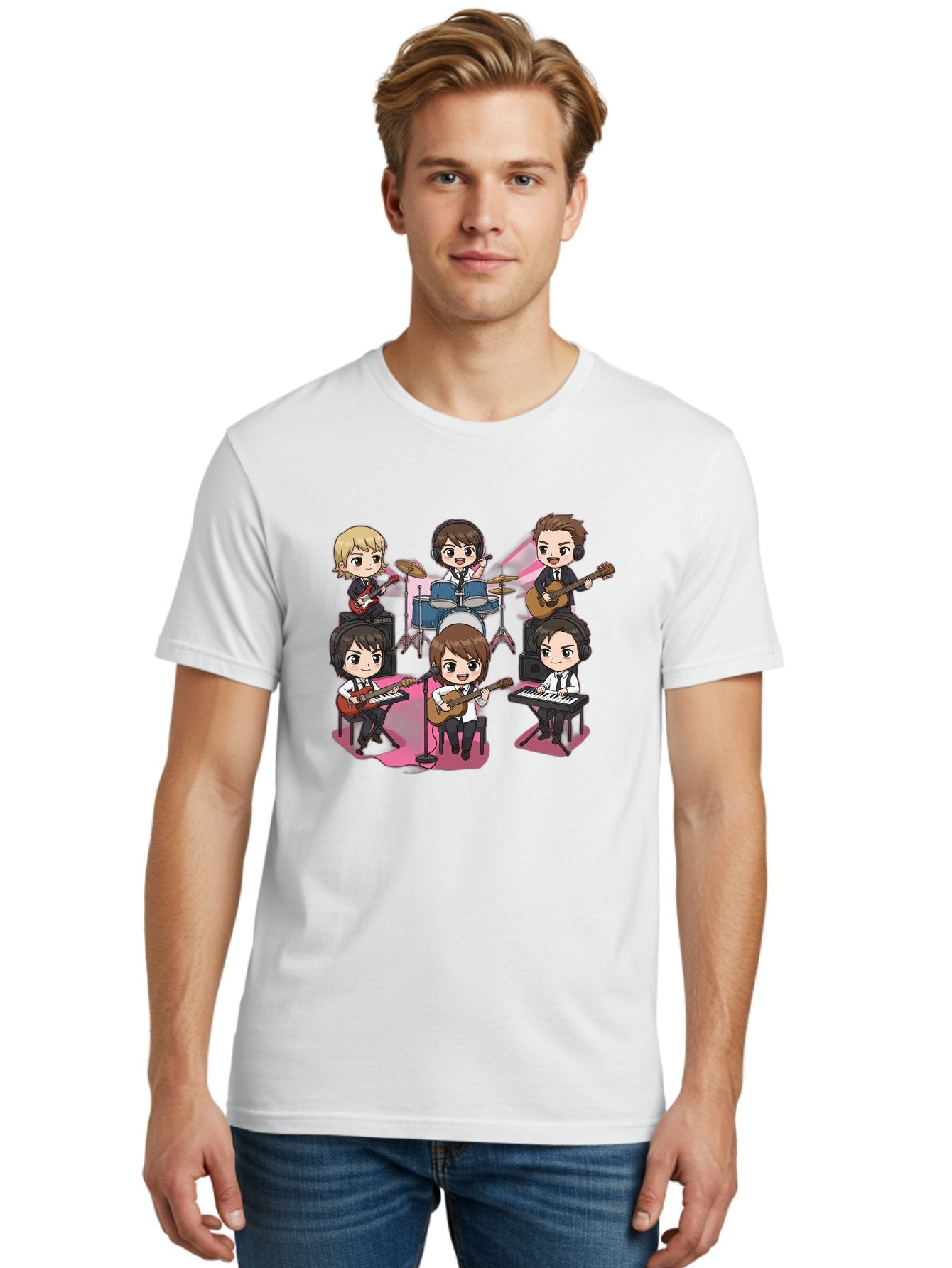 Bts-Band Men'S Graphic Tee, 100% Cotton, Comfortable Casual Summer Wear, Machine Washable, Cartoon Band, Beatles Style, Musical Instruments, Guitar Players, Drummer, Keyboardist, Chibi Art, Pop Culture, Music Icons, Nostalgic Feel, Bab695 26