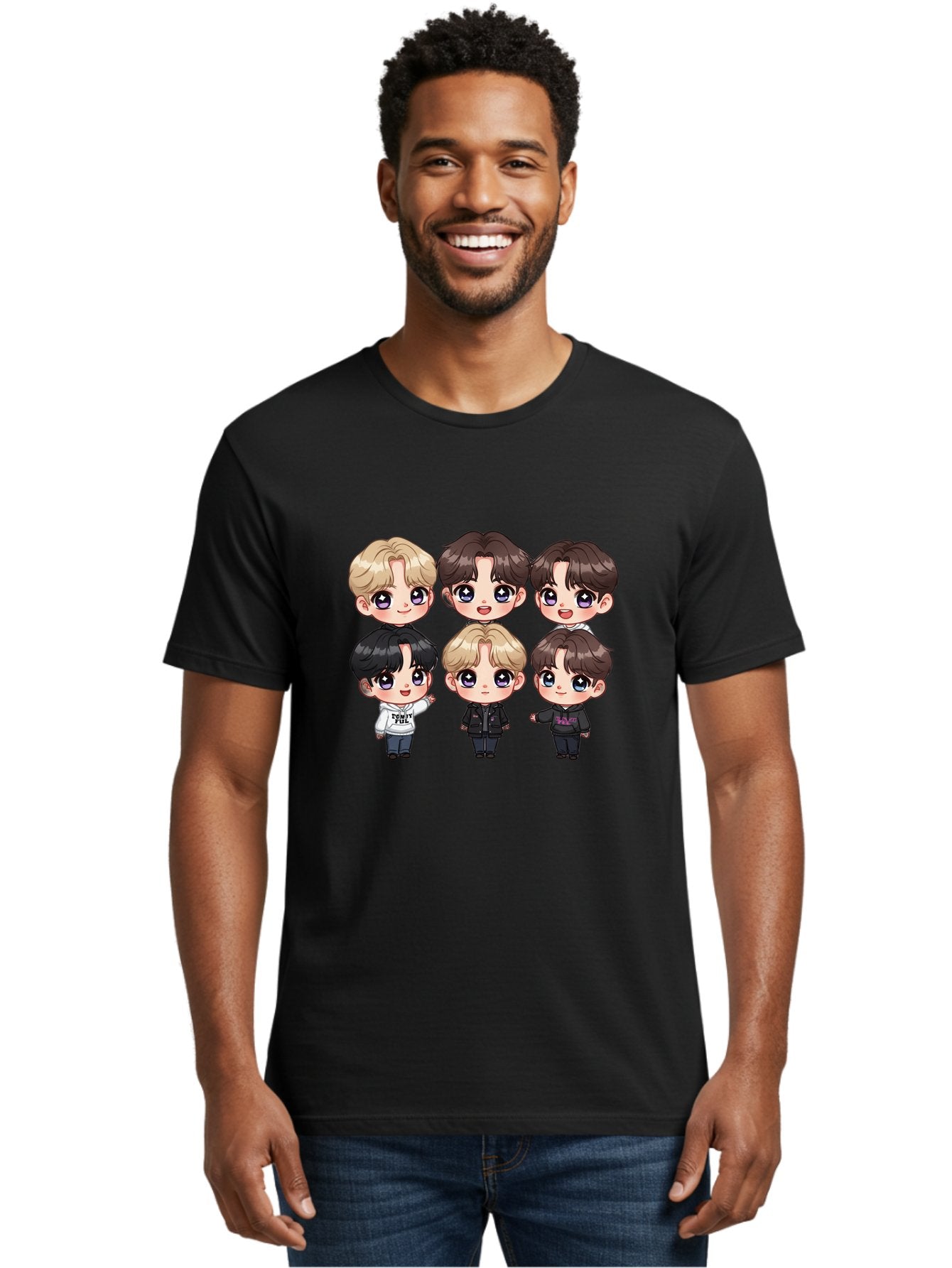 Bts-Cartoon-Characters Men'S Graphic Tee, 100% Cotton, Comfortable Casual Summer Wear, Machine Washable, K-Pop Chibi Characters, Cartoon Illustration, Bts Members, Chibi Art, Manga Style, Cartoon Characters, K-Pop Fans, Digital Art, Bab696 24