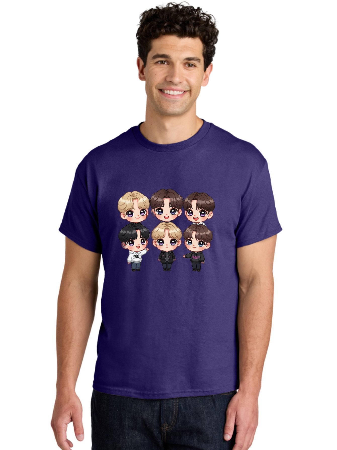 Bts-Cartoon-Characters Men'S Graphic Tee, 100% Cotton, Comfortable Casual Summer Wear, Machine Washable, K-Pop Chibi Characters, Cartoon Illustration, Bts Members, Chibi Art, Manga Style, Cartoon Characters, K-Pop Fans, Digital Art, Bab696 19