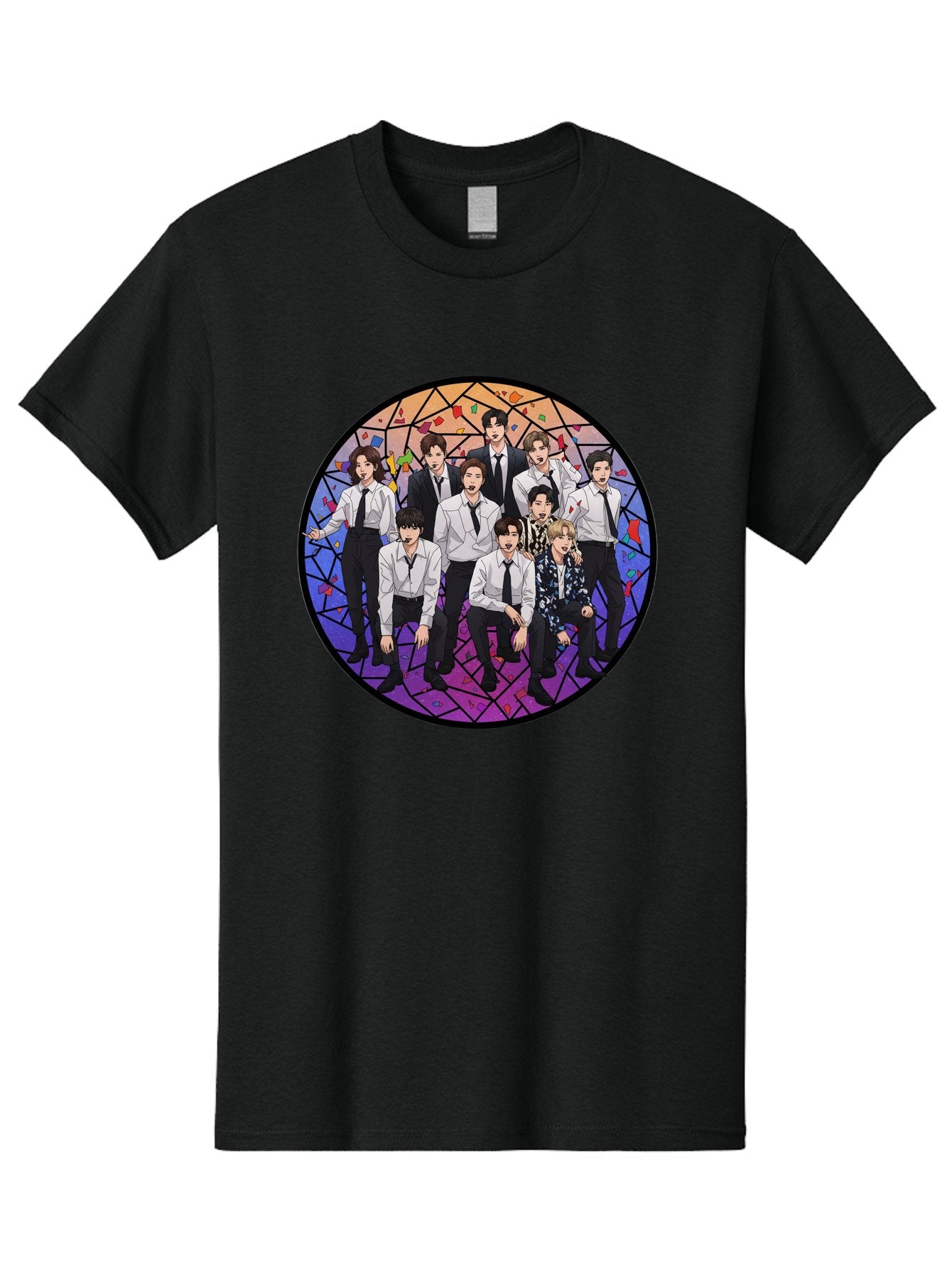 Bts-Group-Portrait Men'S Graphic Tee, 100% Cotton, Comfortable Casual Summer Wear, Machine Washable, K-Pop Group, Bts Members, Stained Glass Art, Formal Attire, White Shirts, Black Ties, K-Pop Fashion, Group Portrait, Colorful Background, Bab697 13