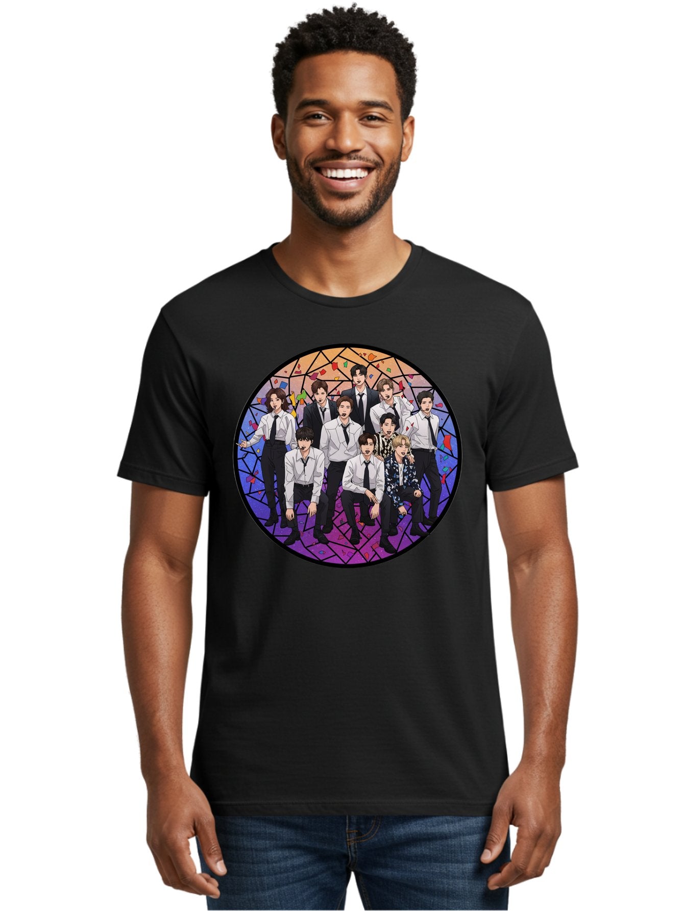 Bts-Group-Portrait Men'S Graphic Tee, 100% Cotton, Comfortable Casual Summer Wear, Machine Washable, K-Pop Group, Bts Members, Stained Glass Art, Formal Attire, White Shirts, Black Ties, K-Pop Fashion, Group Portrait, Colorful Background, Bab697 20