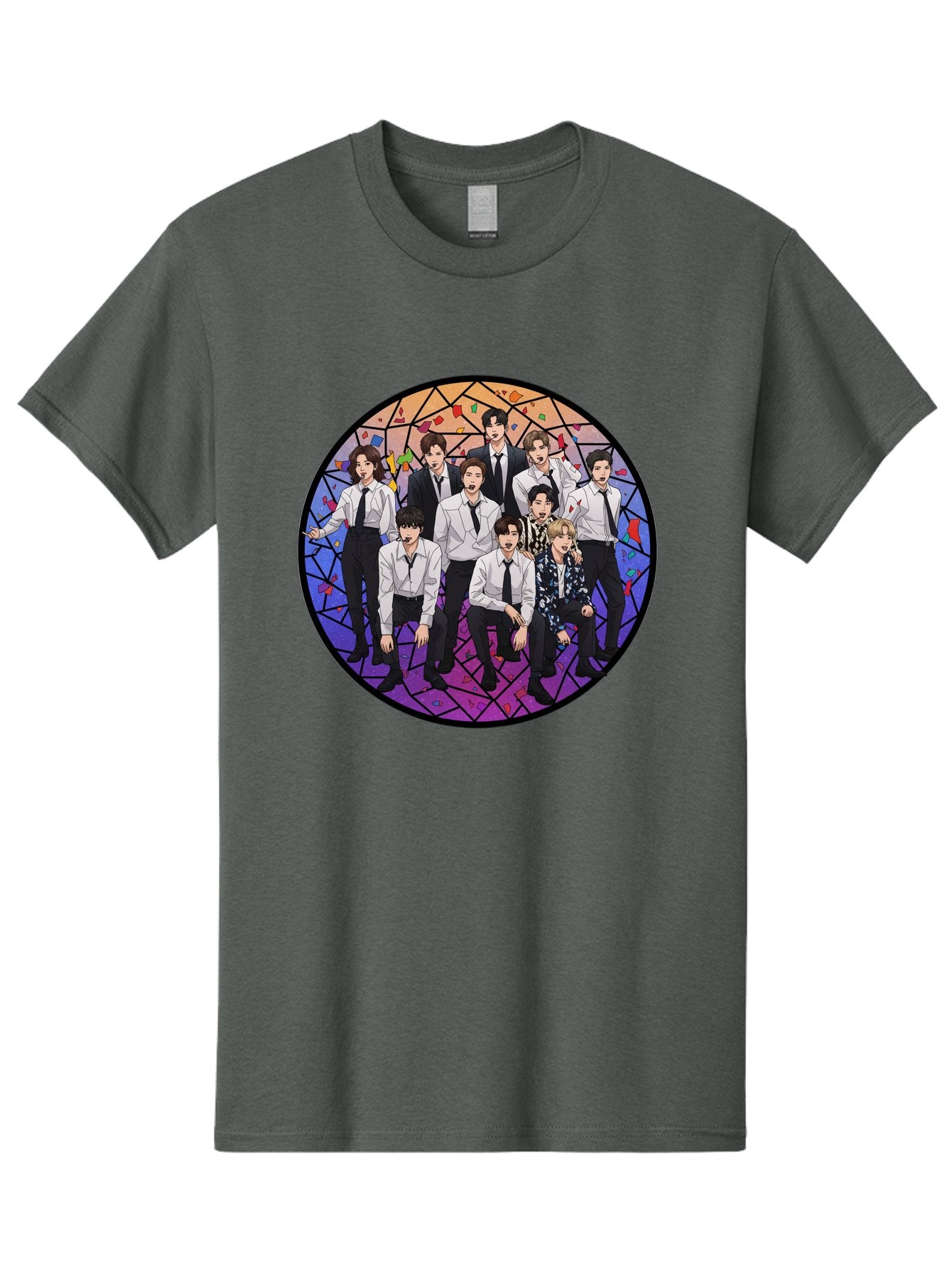 Bts-Group-Portrait Men'S Graphic Tee, 100% Cotton, Comfortable Casual Summer Wear, Machine Washable, K-Pop Group, Bts Members, Stained Glass Art, Formal Attire, White Shirts, Black Ties, K-Pop Fashion, Group Portrait, Colorful Background, Bab697 3