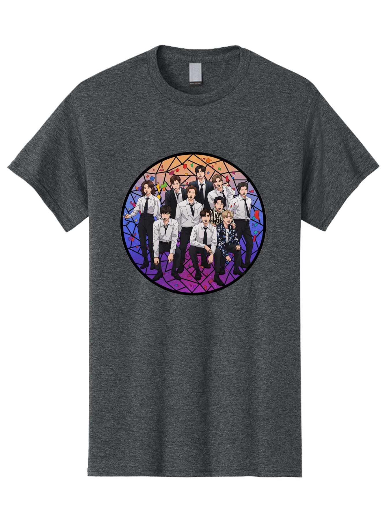 Bts-Group-Portrait Men'S Graphic Tee, 100% Cotton, Comfortable Casual Summer Wear, Machine Washable, K-Pop Group, Bts Members, Stained Glass Art, Formal Attire, White Shirts, Black Ties, K-Pop Fashion, Group Portrait, Colorful Background, Bab697 11